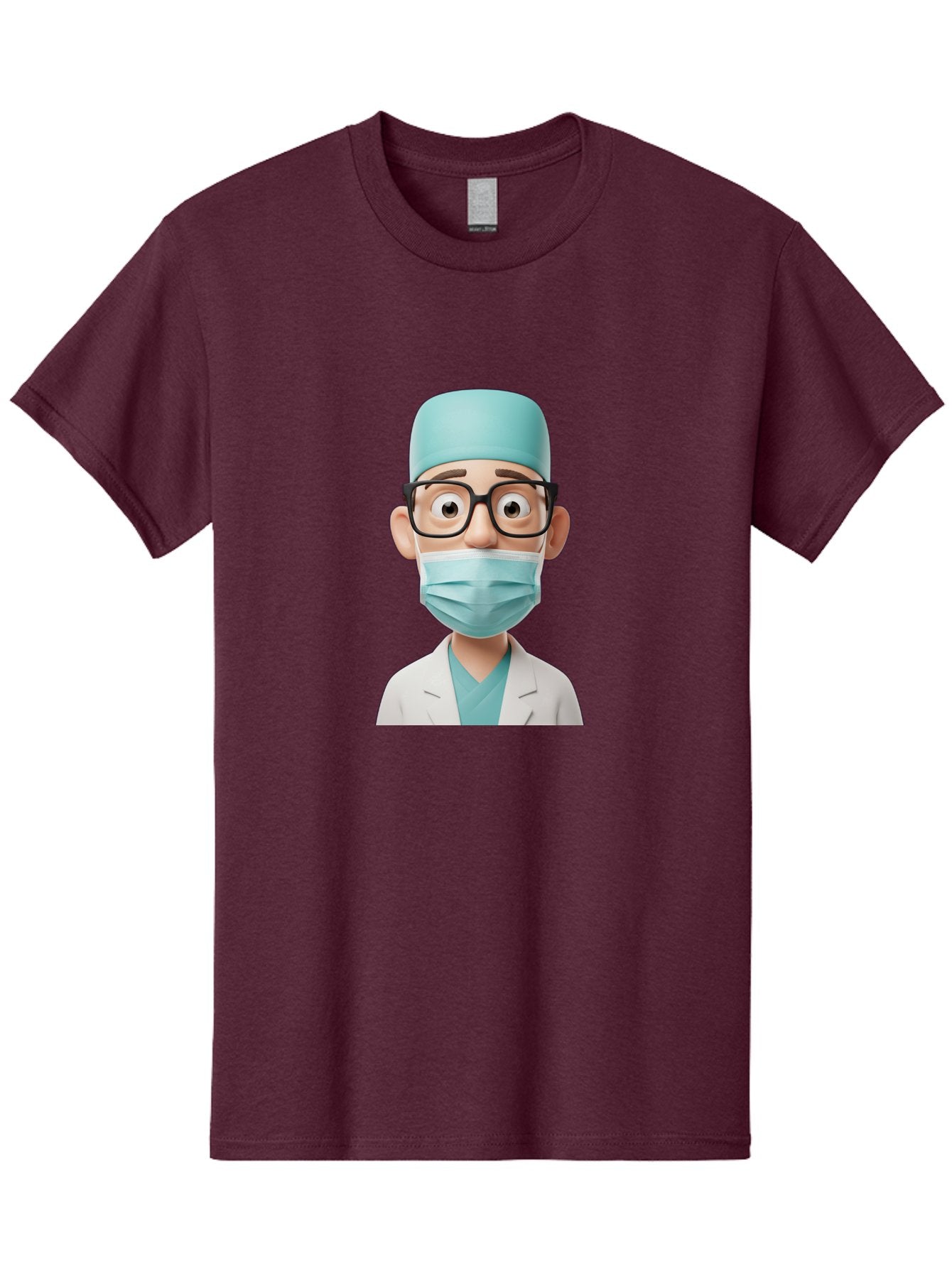 Surgeon Men'S Graphic Tee, 100% Cotton, Comfortable Casual Summer Wear, Machine Washable, Cartoon Surgeon, Medical Professional, Surgical Attire, Protective Gear, Face Mask, Glasses, Shocked Expression, White Lab Coat, Blue Scrubs Bab482 3