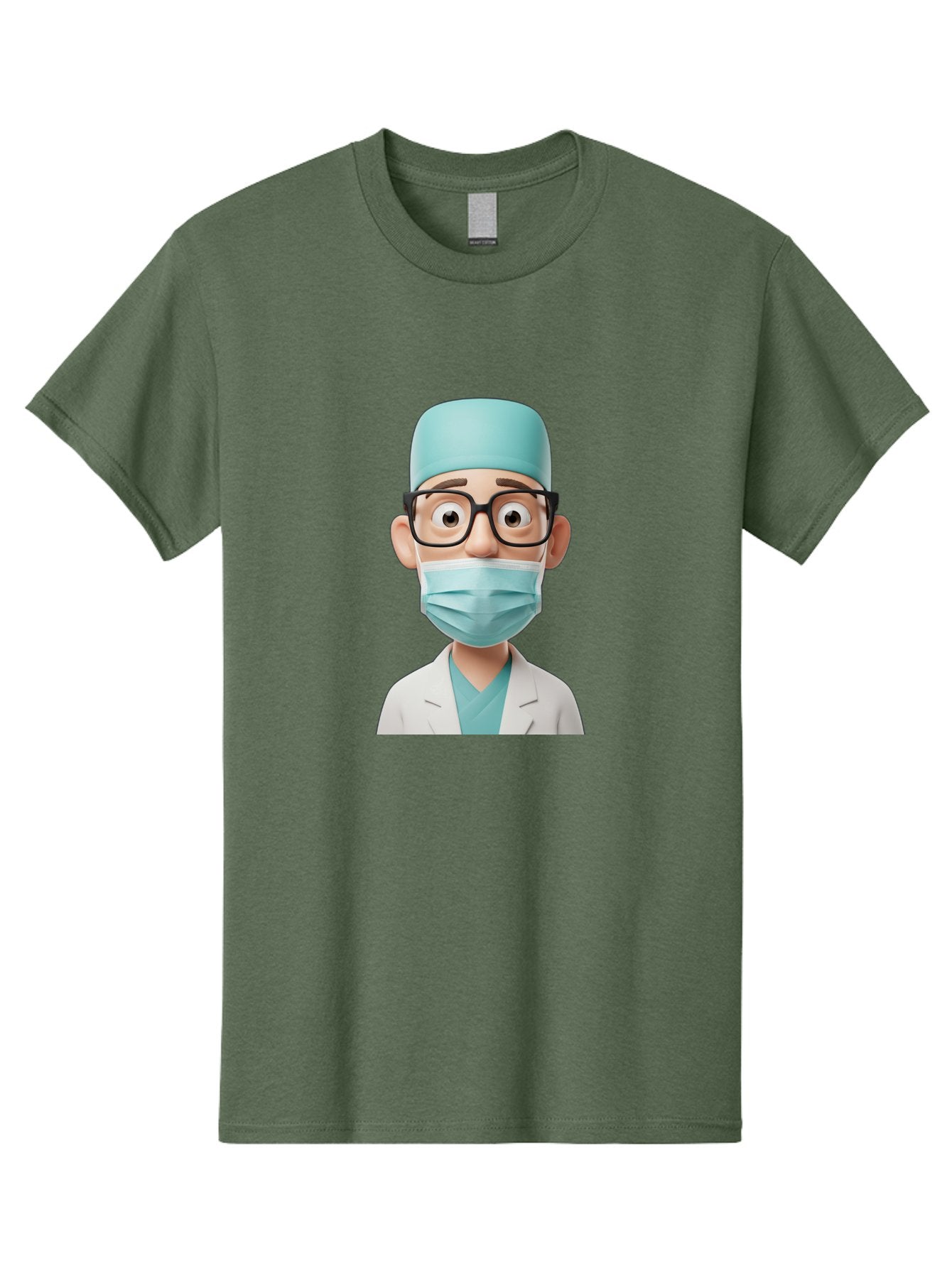 Surgeon Men'S Graphic Tee, 100% Cotton, Comfortable Casual Summer Wear, Machine Washable, Cartoon Surgeon, Medical Professional, Surgical Attire, Protective Gear, Face Mask, Glasses, Shocked Expression, White Lab Coat, Blue Scrubs Bab482 7
