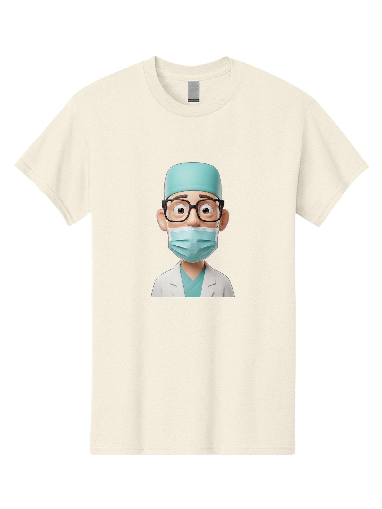 Surgeon Men'S Graphic Tee, 100% Cotton, Comfortable Casual Summer Wear, Machine Washable, Cartoon Surgeon, Medical Professional, Surgical Attire, Protective Gear, Face Mask, Glasses, Shocked Expression, White Lab Coat, Blue Scrubs Bab482