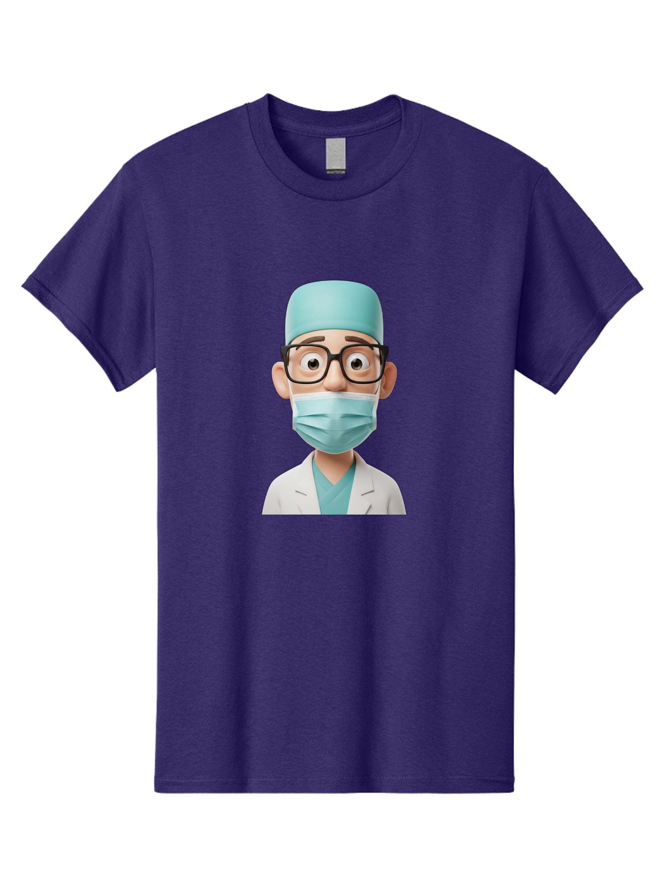 Surgeon Men'S Graphic Tee, 100% Cotton, Comfortable Casual Summer Wear, Machine Washable, Cartoon Surgeon, Medical Professional, Surgical Attire, Protective Gear, Face Mask, Glasses, Shocked Expression, White Lab Coat, Blue Scrubs Bab482 4