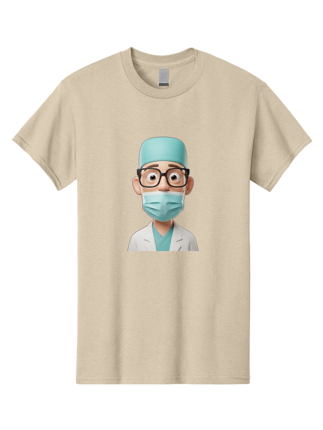 Surgeon Men'S Graphic Tee, 100% Cotton, Comfortable Casual Summer Wear, Machine Washable, Cartoon Surgeon, Medical Professional, Surgical Attire, Protective Gear, Face Mask, Glasses, Shocked Expression, White Lab Coat, Blue Scrubs Bab482 13