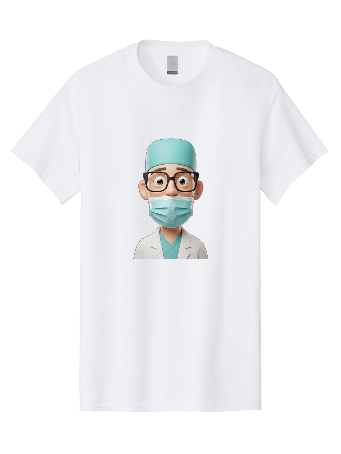Surgeon Men'S Graphic Tee, 100% Cotton, Comfortable Casual Summer Wear, Machine Washable, Cartoon Surgeon, Medical Professional, Surgical Attire, Protective Gear, Face Mask, Glasses, Shocked Expression, White Lab Coat, Blue Scrubs Bab482 6