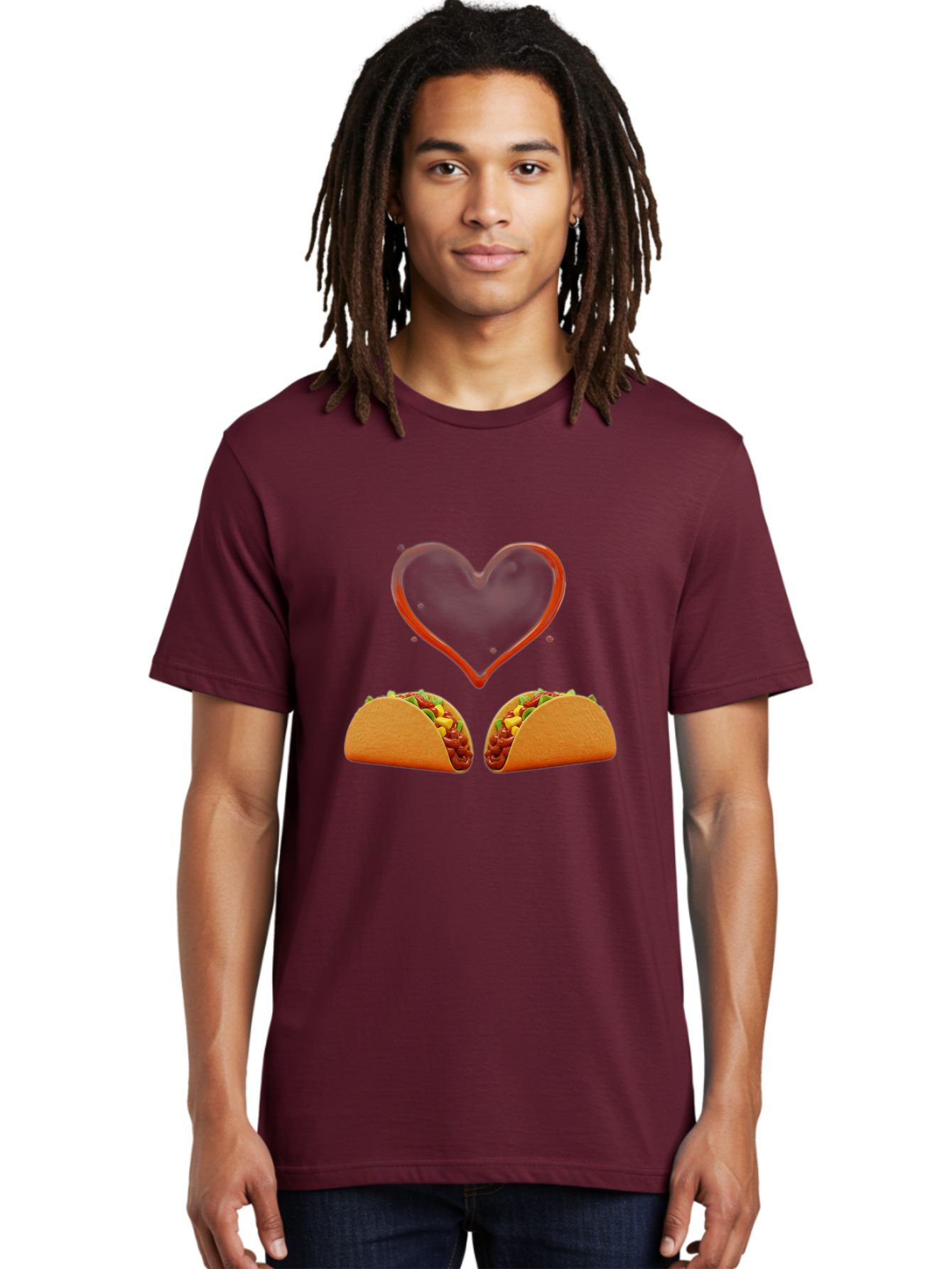 Tacos-And-Heart Men'S Graphic Tee, 100% Cotton, Comfortable Casual Summer Wear, Machine Washable, Tacos With Meat, Corn, Salsa, Love Heart, Red Outline, Delicious Food, Mexican Cuisine, Tasty Treats, Vibrant Colors, Savory Dishes Bab487 4