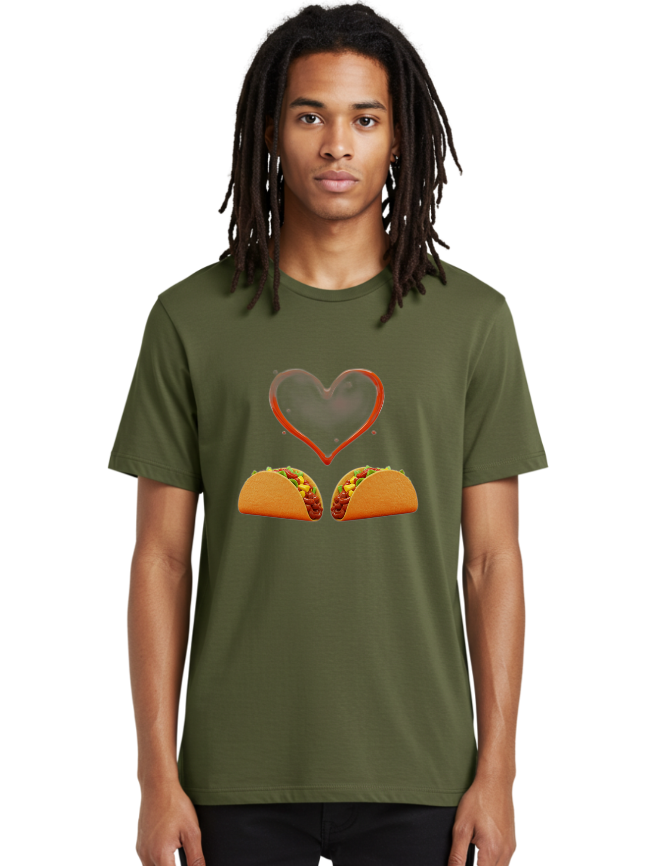 Tacos-And-Heart Men'S Graphic Tee, 100% Cotton, Comfortable Casual Summer Wear, Machine Washable, Tacos With Meat, Corn, Salsa, Love Heart, Red Outline, Delicious Food, Mexican Cuisine, Tasty Treats, Vibrant Colors, Savory Dishes Bab487