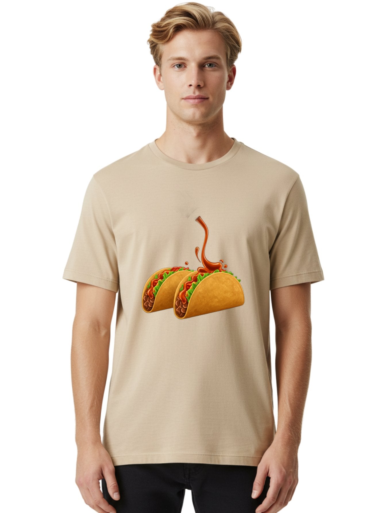 Tacos-With-Hot-Sauce Men'S Graphic Tee, 100% Cotton, Comfortable Casual Summer Wear, Machine Washable, Tacos With Lettuce, Salsa Splashing, Mexican Food, Fast Food, Taco Graphics, Vibrant Red Sauce, Crunchy Tacos, Fresh Lettuce, Salsa Splash Bab488 23