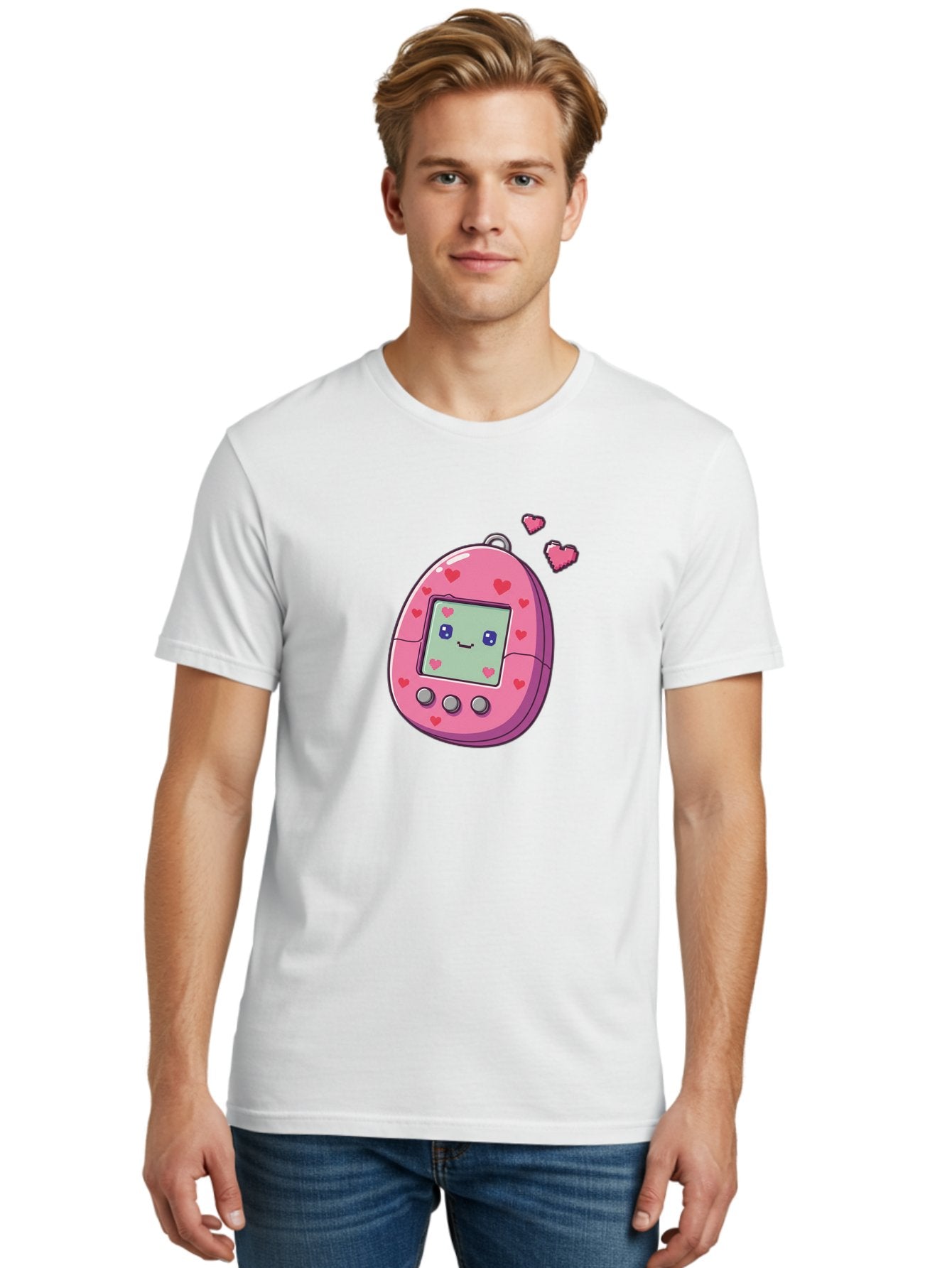 Tamagotchi-1 Men'S Graphic Tee, 100% Cotton, Comfortable Casual Summer Wear, Machine Washable, Pink Digital Pet, Heart Designs, Cute Character, Cartoon Style, Nostalgic Toy, Retro Gaming, 90S Kids, Digital Creature Bab490 26
