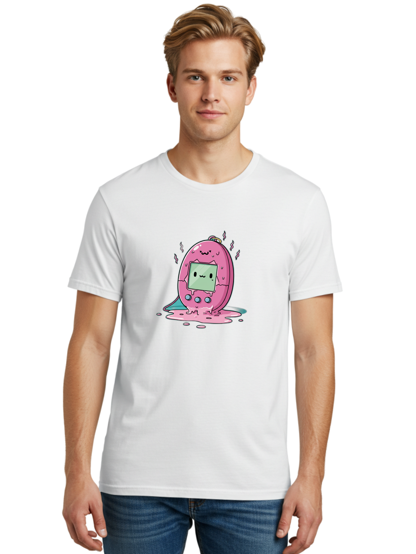 Tamagotchi-11 Men'S Graphic Tee, 100% Cotton, Comfortable Casual Summer Wear, Machine Washable, Pink Digital Pet, Broken Screen, Sad Face, Melting Toy, Nostalgic 90S, Retro Gaming, Cartoon Style, Kawaii Aesthetic Bab492