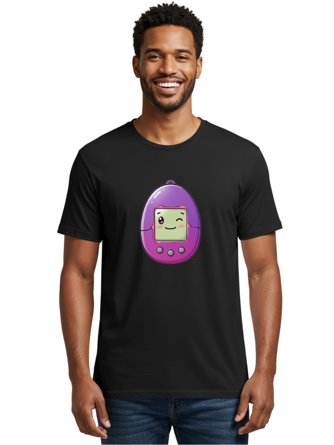 Tamagotchi-2 Men'S Graphic Tee, 100% Cotton, Comfortable Casual Summer Wear, Machine Washable, Digital Pet, Cartoon Character, Kawaii Culture, Retro Gaming, Nostalgic Toy, Egg-Shaped Device, Purple And Pink, Cute Design, 90S Nostalgia, Bab496