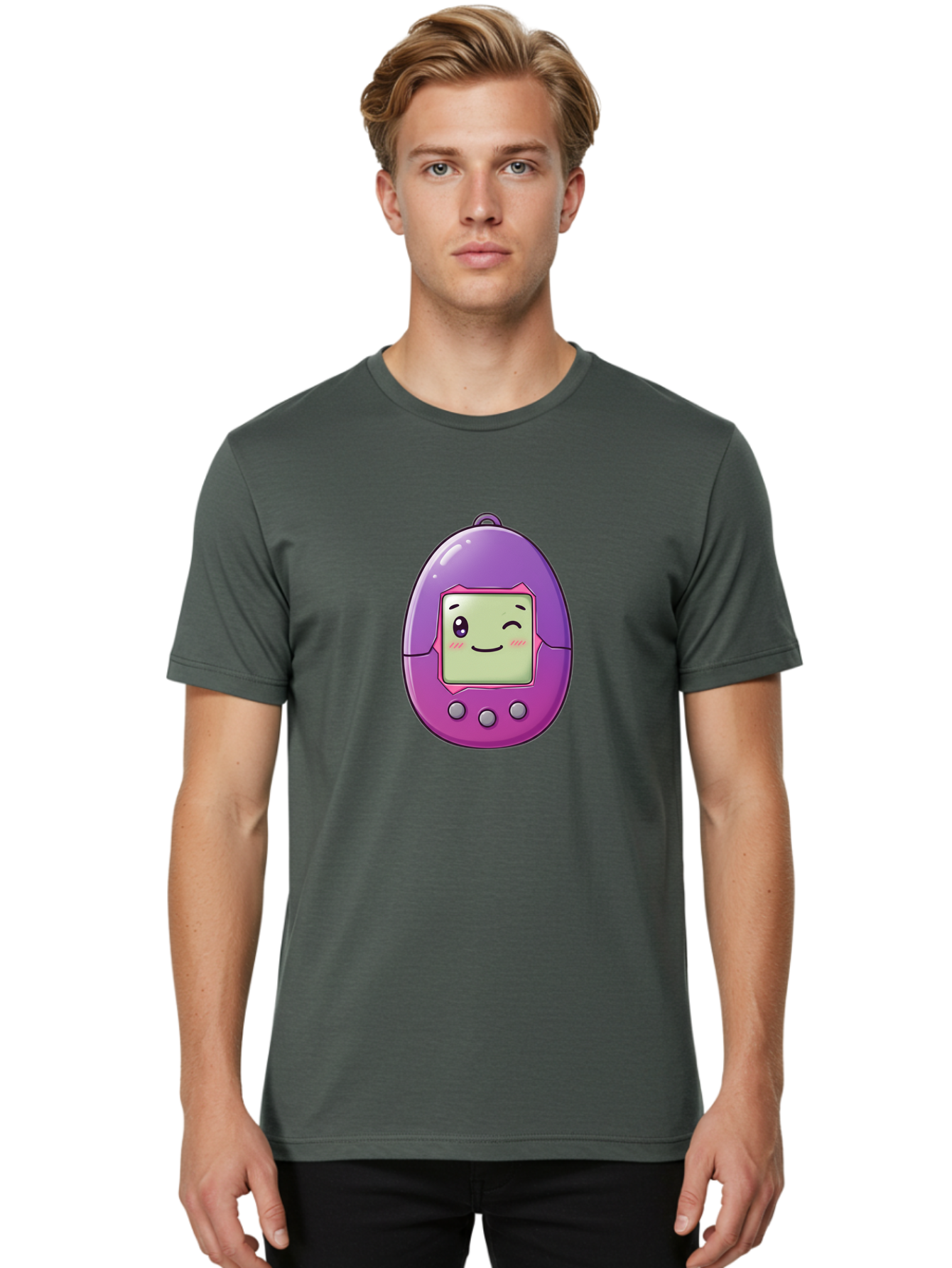 Tamagotchi-2 Men'S Graphic Tee, 100% Cotton, Comfortable Casual Summer Wear, Machine Washable, Digital Pet, Cartoon Character, Kawaii Culture, Retro Gaming, Nostalgic Toy, Egg-Shaped Device, Purple And Pink, Cute Design, 90S Nostalgia, Bab496 30