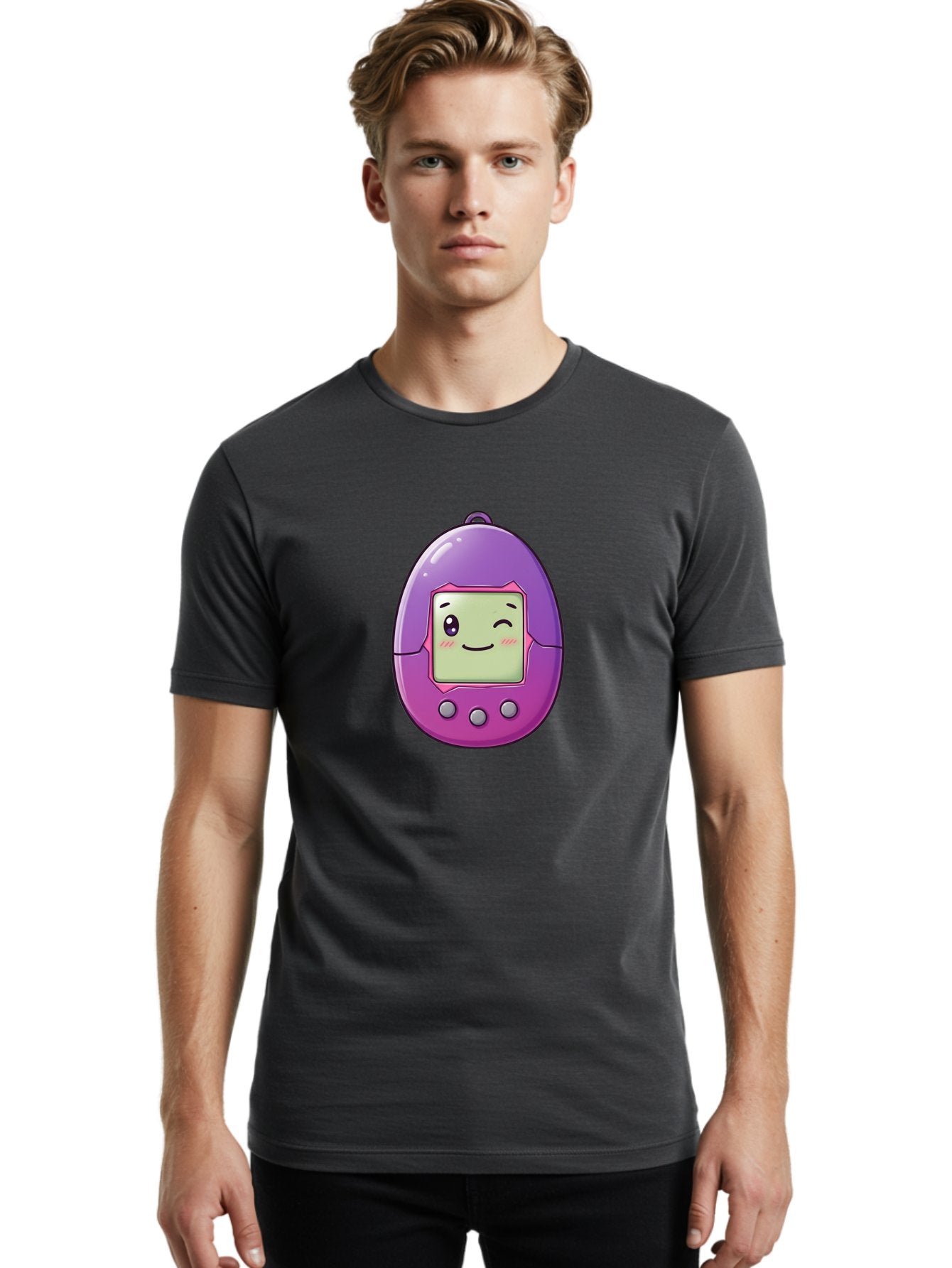 Tamagotchi-2 Men'S Graphic Tee, 100% Cotton, Comfortable Casual Summer Wear, Machine Washable, Digital Pet, Cartoon Character, Kawaii Culture, Retro Gaming, Nostalgic Toy, Egg-Shaped Device, Purple And Pink, Cute Design, 90S Nostalgia, Bab496 27