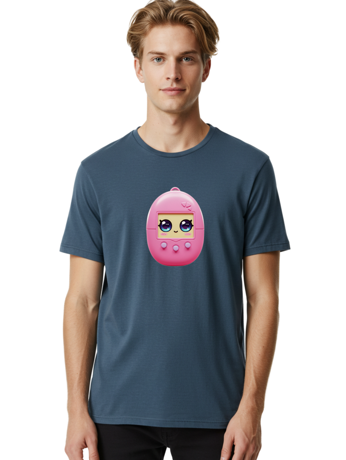 Tamagotchi-6 Men'S Graphic Tee, 100% Cotton, Comfortable Casual Summer Wear, Machine Washable, Pink Digital Pet, Cartoon Eyes, Kawaii Character, Nostalgia, Retro Gaming, Digital Creature Bab500