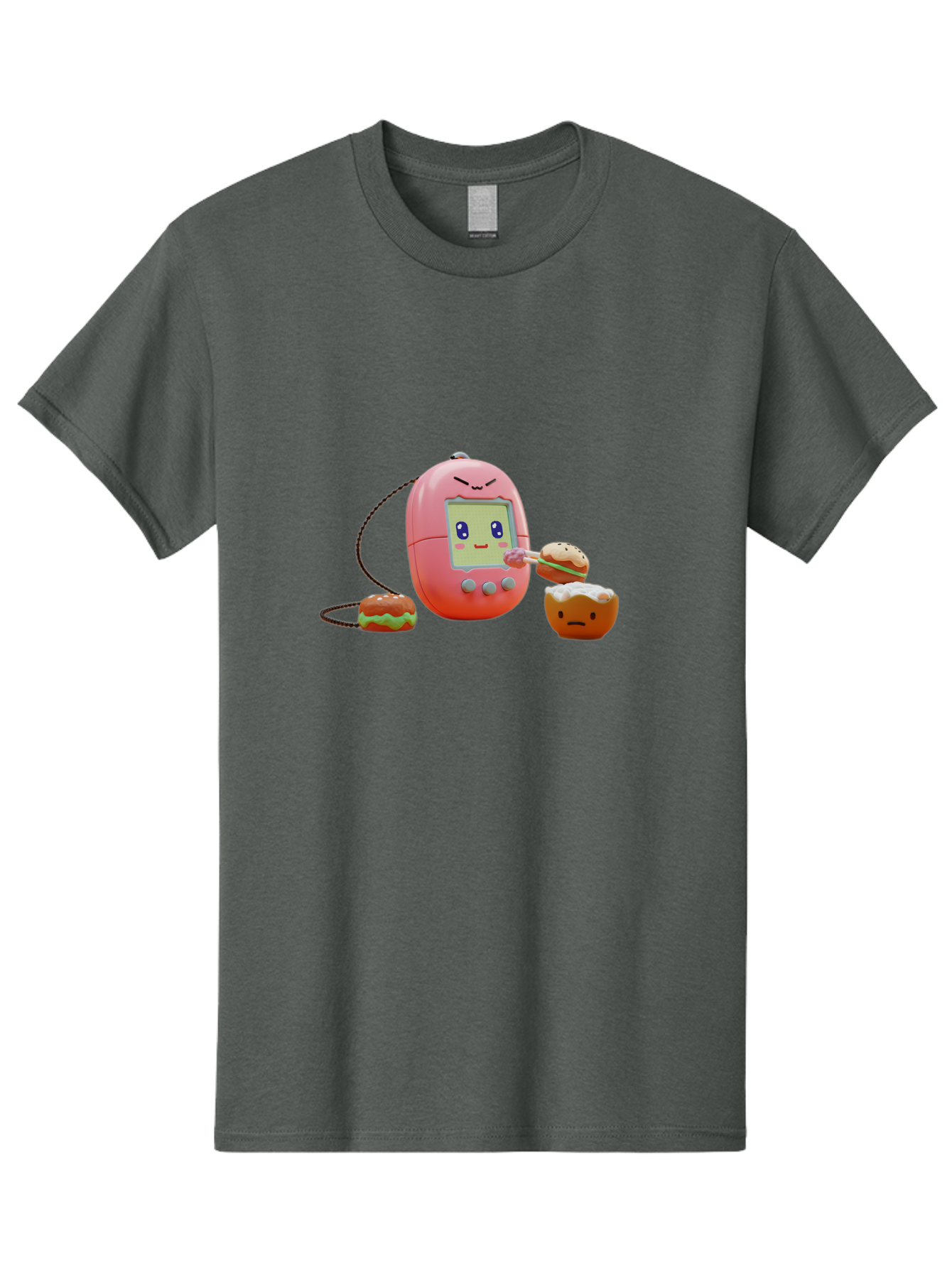 Tamagotchi-Feeding-Burgers Men'S Graphic Tee, 100% Cotton, Comfortable Casual Summer Wear, Machine Washable, Tamagotchi Digital Pet, Cartoon Character, Kawaii Culture, Handheld Game, Pastel Colors, Burger, Food, Digital Creature, Retro Gaming, Bab504
