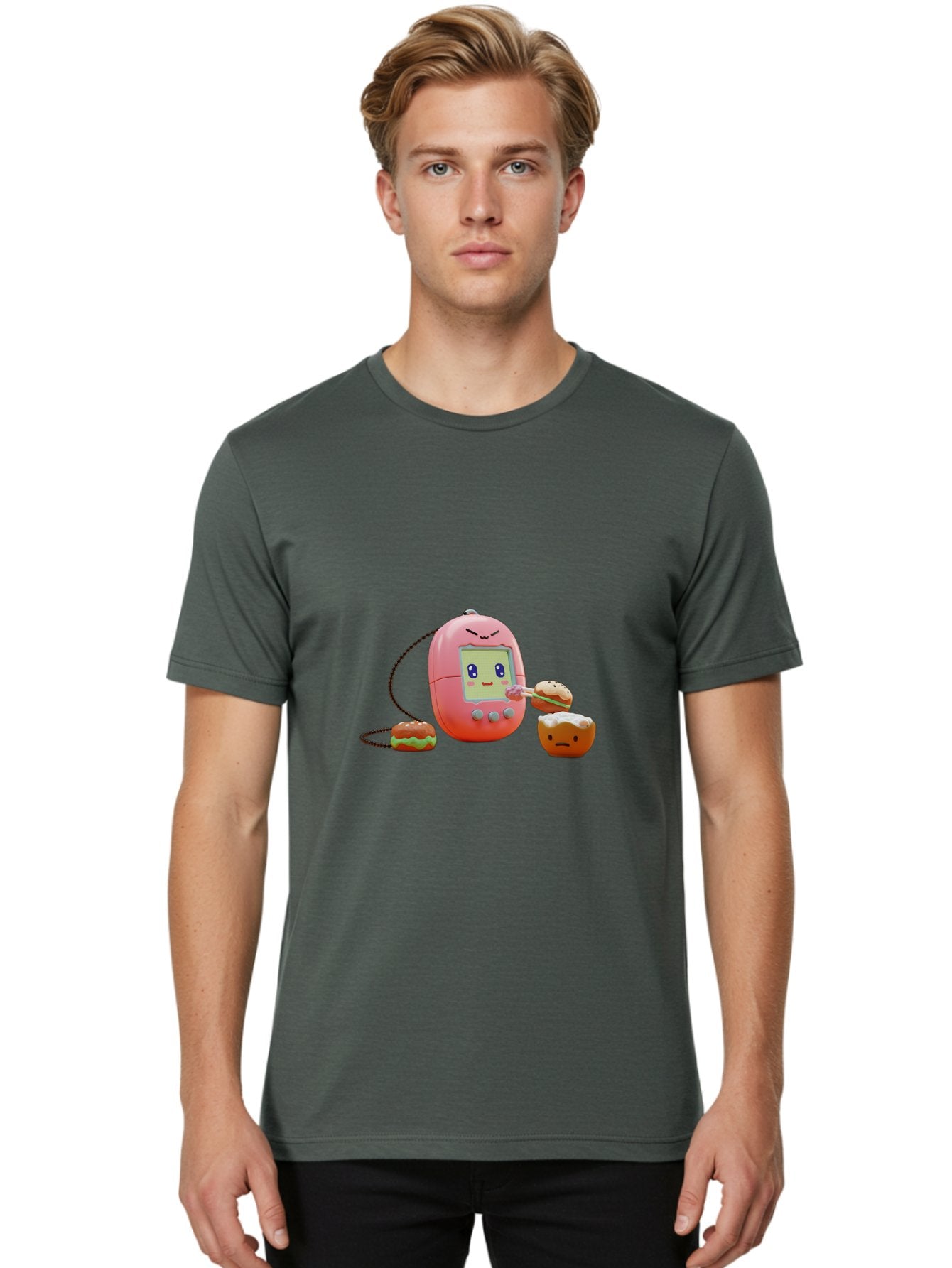 Tamagotchi-Feeding-Burgers Men'S Graphic Tee, 100% Cotton, Comfortable Casual Summer Wear, Machine Washable, Tamagotchi Digital Pet, Cartoon Character, Kawaii Culture, Handheld Game, Pastel Colors, Burger, Food, Digital Creature, Retro Gaming, Bab504 30
