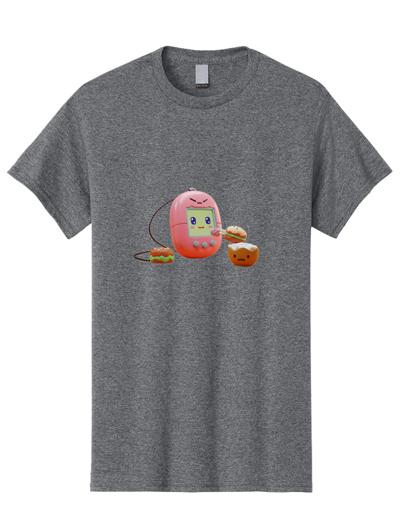 Tamagotchi-Feeding-Burgers Men'S Graphic Tee, 100% Cotton, Comfortable Casual Summer Wear, Machine Washable, Tamagotchi Digital Pet, Cartoon Character, Kawaii Culture, Handheld Game, Pastel Colors, Burger, Food, Digital Creature, Retro Gaming, Bab504
