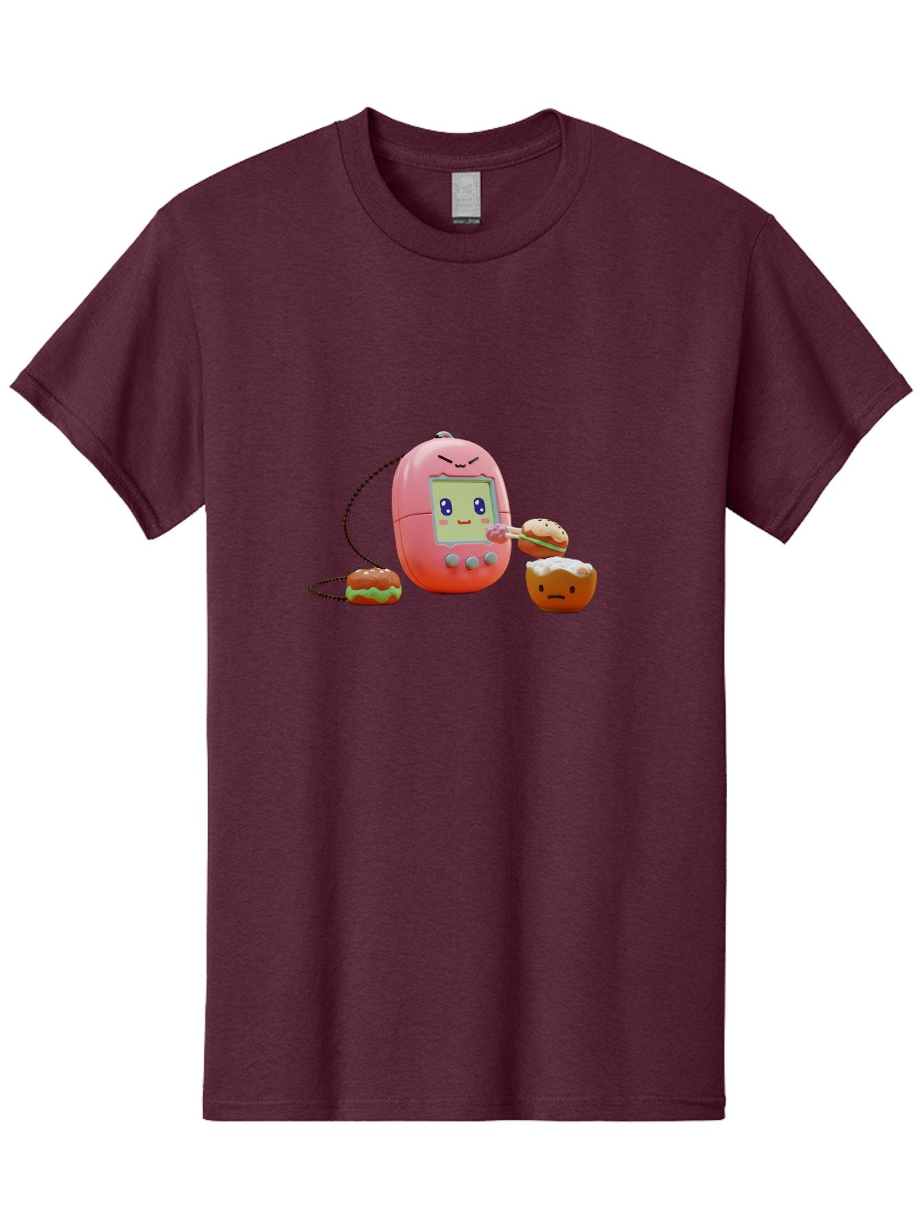 Tamagotchi-Feeding-Burgers Men'S Graphic Tee, 100% Cotton, Comfortable Casual Summer Wear, Machine Washable, Tamagotchi Digital Pet, Cartoon Character, Kawaii Culture, Handheld Game, Pastel Colors, Burger, Food, Digital Creature, Retro Gaming, Bab504 5