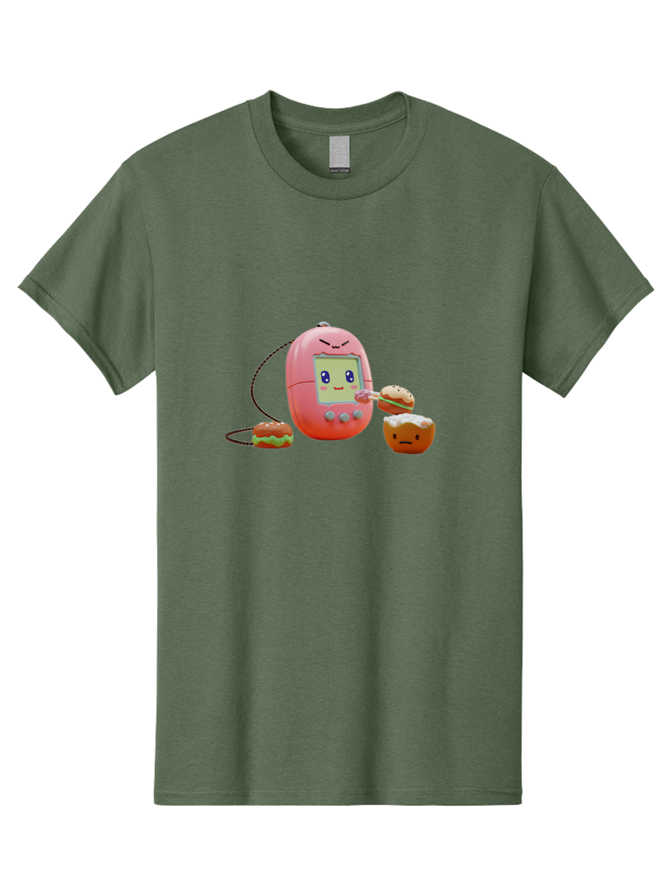 Tamagotchi-Feeding-Burgers Men'S Graphic Tee, 100% Cotton, Comfortable Casual Summer Wear, Machine Washable, Tamagotchi Digital Pet, Cartoon Character, Kawaii Culture, Handheld Game, Pastel Colors, Burger, Food, Digital Creature, Retro Gaming, Bab504 7