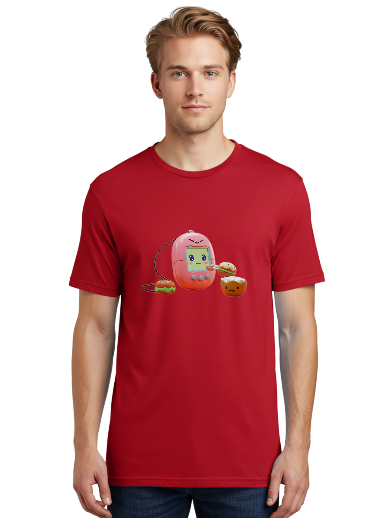 Tamagotchi-Feeding-Burgers Men'S Graphic Tee, 100% Cotton, Comfortable Casual Summer Wear, Machine Washable, Tamagotchi Digital Pet, Cartoon Character, Kawaii Culture, Handheld Game, Pastel Colors, Burger, Food, Digital Creature, Retro Gaming, Bab504 25