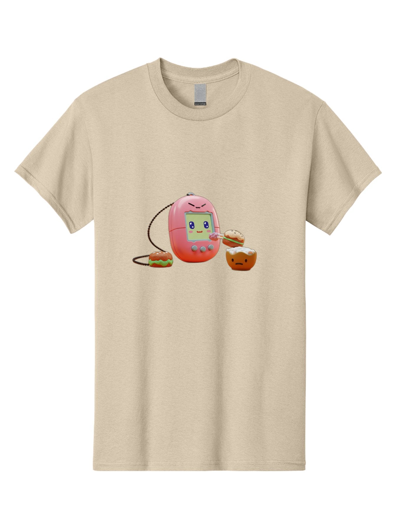 Tamagotchi-Feeding-Burgers Men'S Graphic Tee, 100% Cotton, Comfortable Casual Summer Wear, Machine Washable, Tamagotchi Digital Pet, Cartoon Character, Kawaii Culture, Handheld Game, Pastel Colors, Burger, Food, Digital Creature, Retro Gaming, Bab504 9