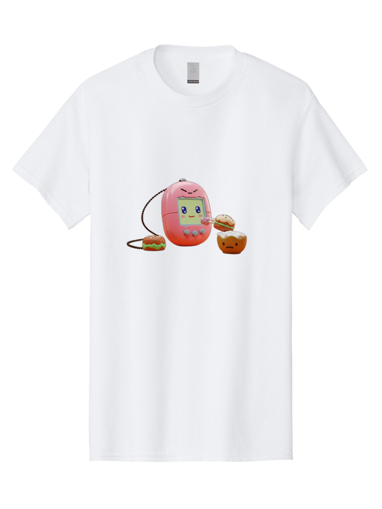 Tamagotchi-Feeding-Burgers Men'S Graphic Tee, 100% Cotton, Comfortable Casual Summer Wear, Machine Washable, Tamagotchi Digital Pet, Cartoon Character, Kawaii Culture, Handheld Game, Pastel Colors, Burger, Food, Digital Creature, Retro Gaming, Bab504 13