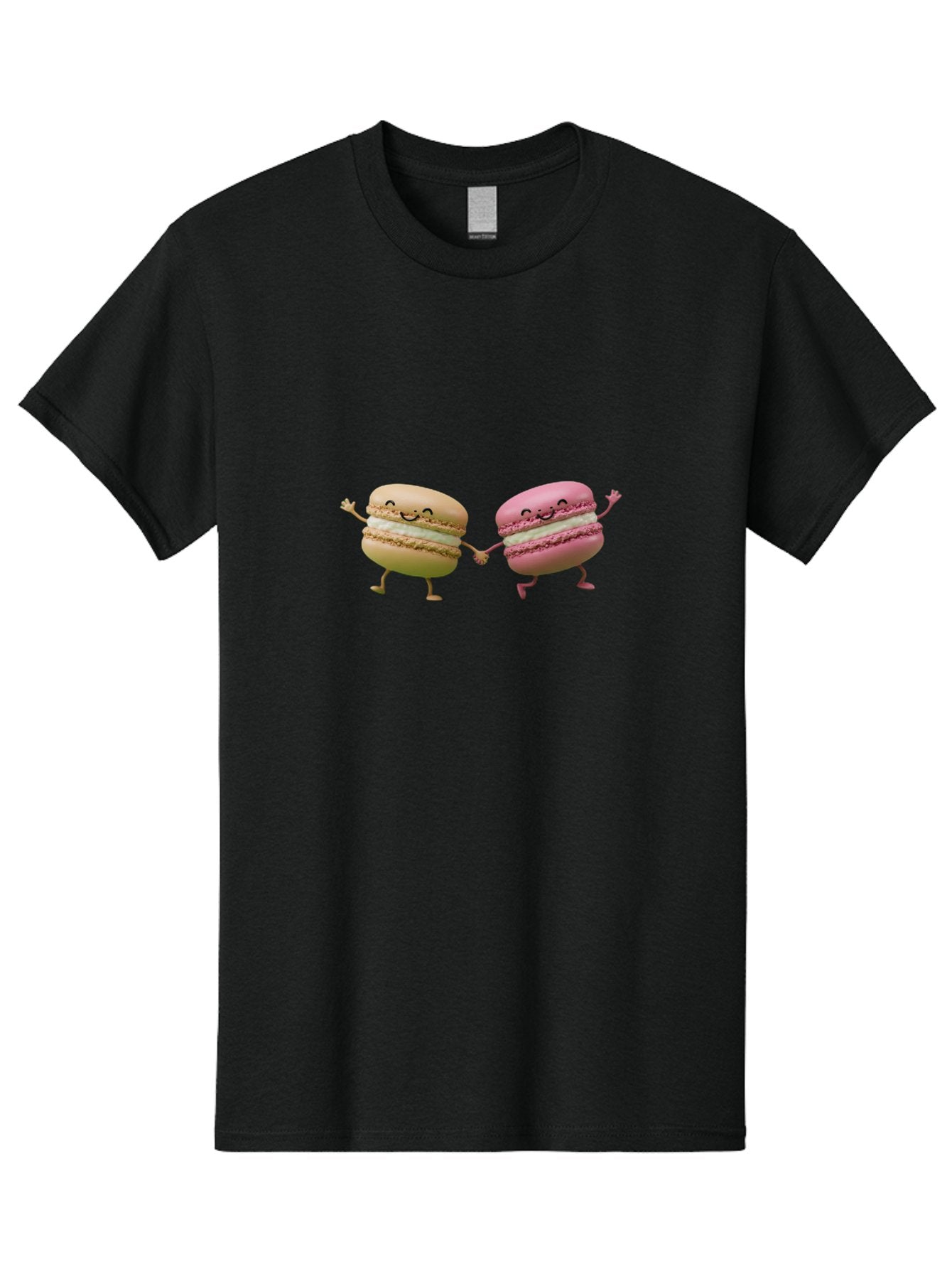 Tan-And-Pink-Macarons Men'S Graphic Tee, 100% Cotton, Comfortable Casual Summer Wear, Machine Washable, Cartoon Macarons, Macaron Characters, Smiling Macarons, Holding Hands Macarons, Beige Macaron, Pink Macaron, White Filling Bab506 9