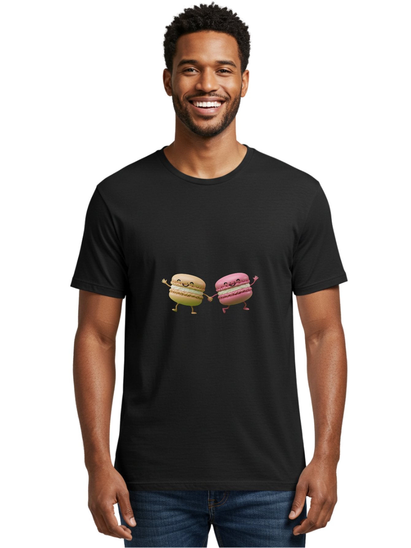 Tan-And-Pink-Macarons Men'S Graphic Tee, 100% Cotton, Comfortable Casual Summer Wear, Machine Washable, Cartoon Macarons, Macaron Characters, Smiling Macarons, Holding Hands Macarons, Beige Macaron, Pink Macaron, White Filling Bab506 26