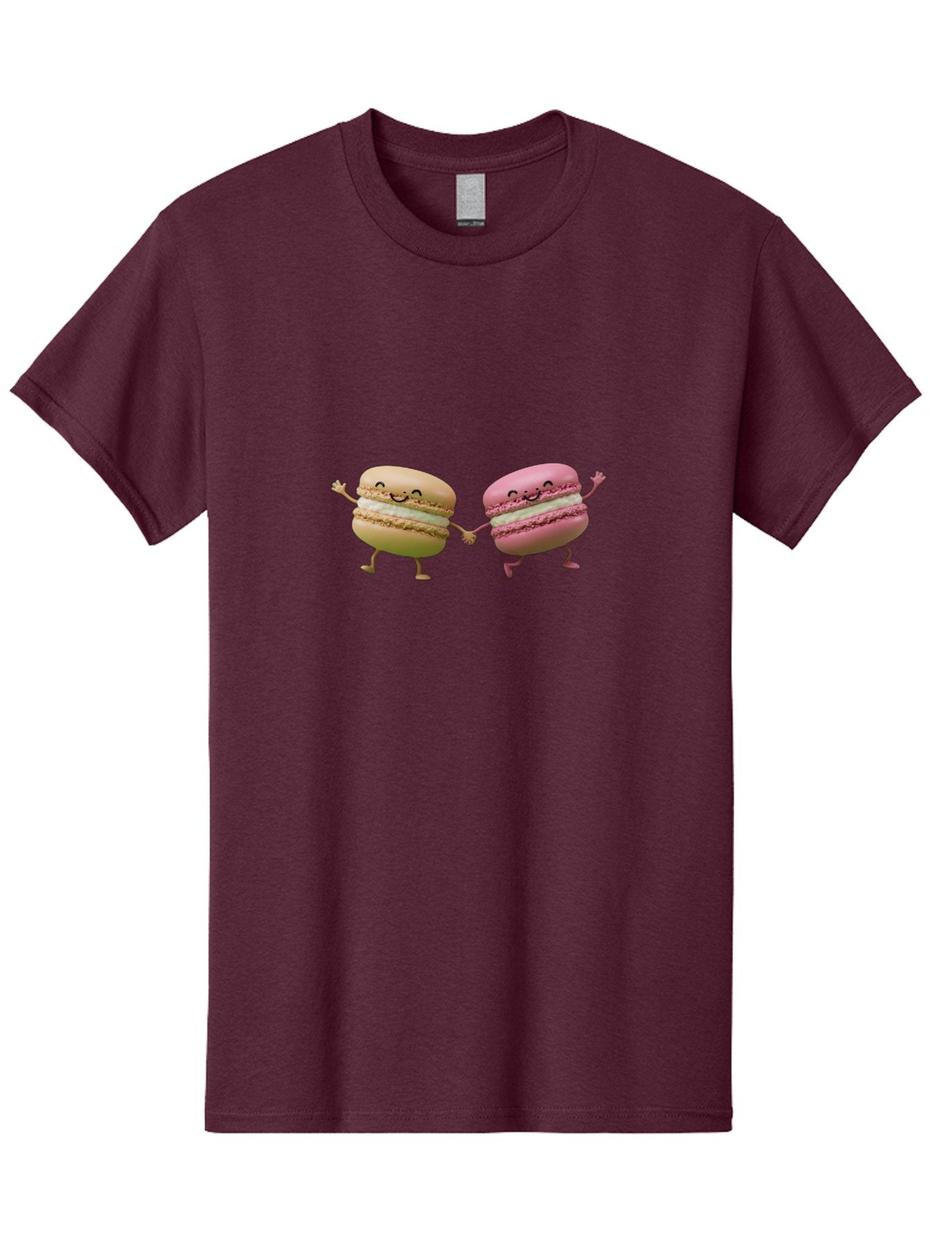 Tan-And-Pink-Macarons Men'S Graphic Tee, 100% Cotton, Comfortable Casual Summer Wear, Machine Washable, Cartoon Macarons, Macaron Characters, Smiling Macarons, Holding Hands Macarons, Beige Macaron, Pink Macaron, White Filling Bab506