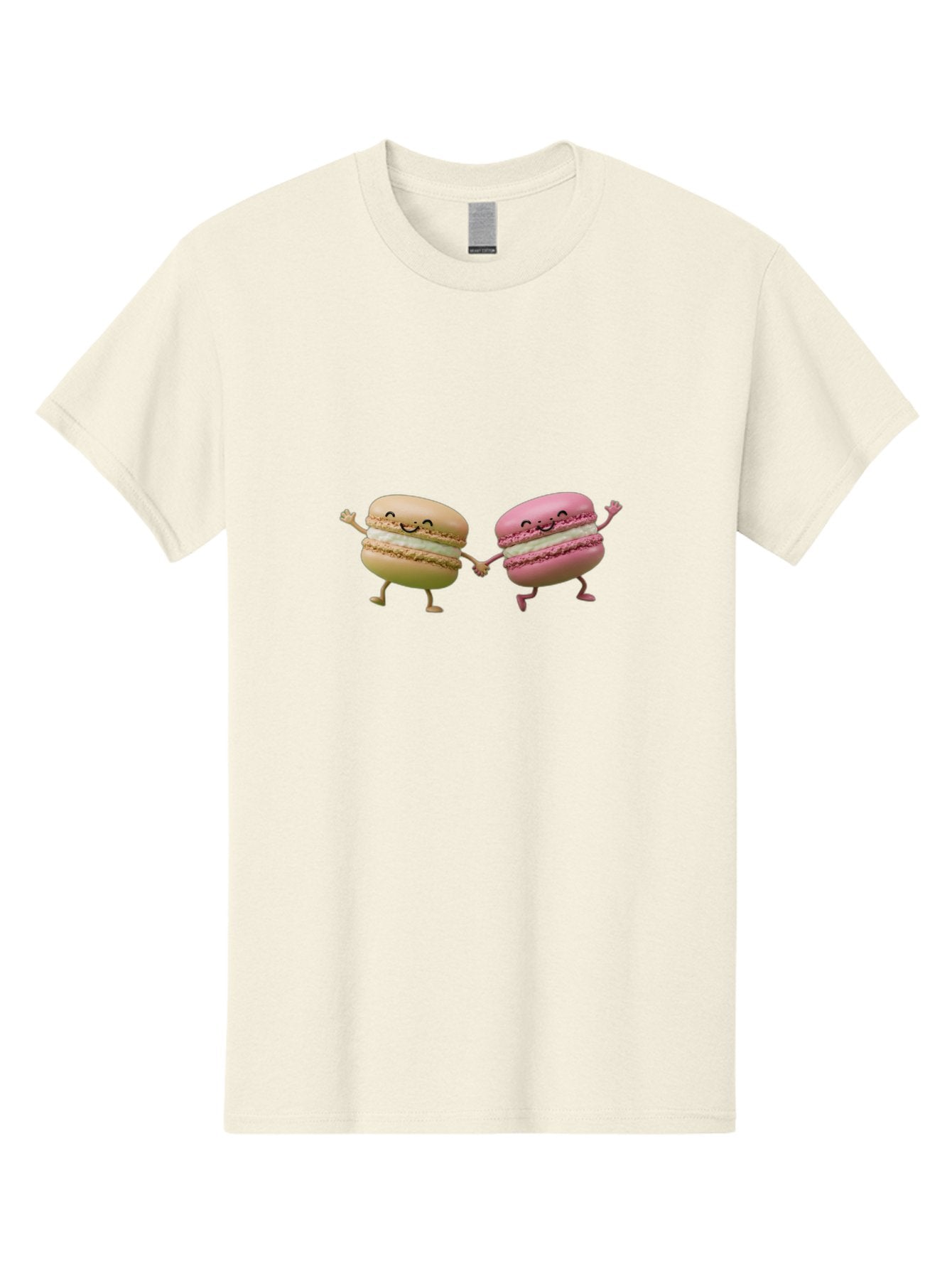 Tan-And-Pink-Macarons Men'S Graphic Tee, 100% Cotton, Comfortable Casual Summer Wear, Machine Washable, Cartoon Macarons, Macaron Characters, Smiling Macarons, Holding Hands Macarons, Beige Macaron, Pink Macaron, White Filling Bab506 10