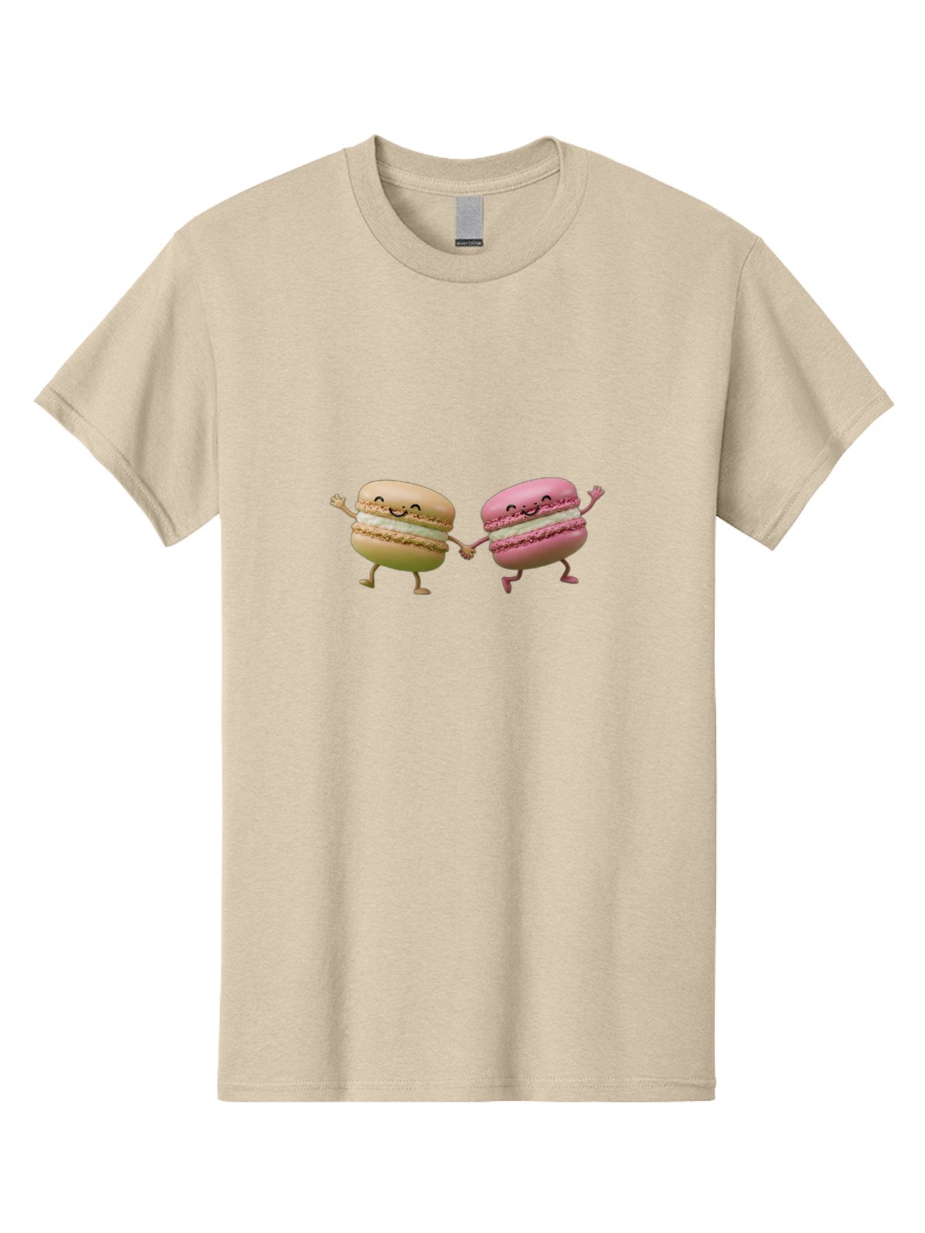 Tan-And-Pink-Macarons Men'S Graphic Tee, 100% Cotton, Comfortable Casual Summer Wear, Machine Washable, Cartoon Macarons, Macaron Characters, Smiling Macarons, Holding Hands Macarons, Beige Macaron, Pink Macaron, White Filling Bab506 5