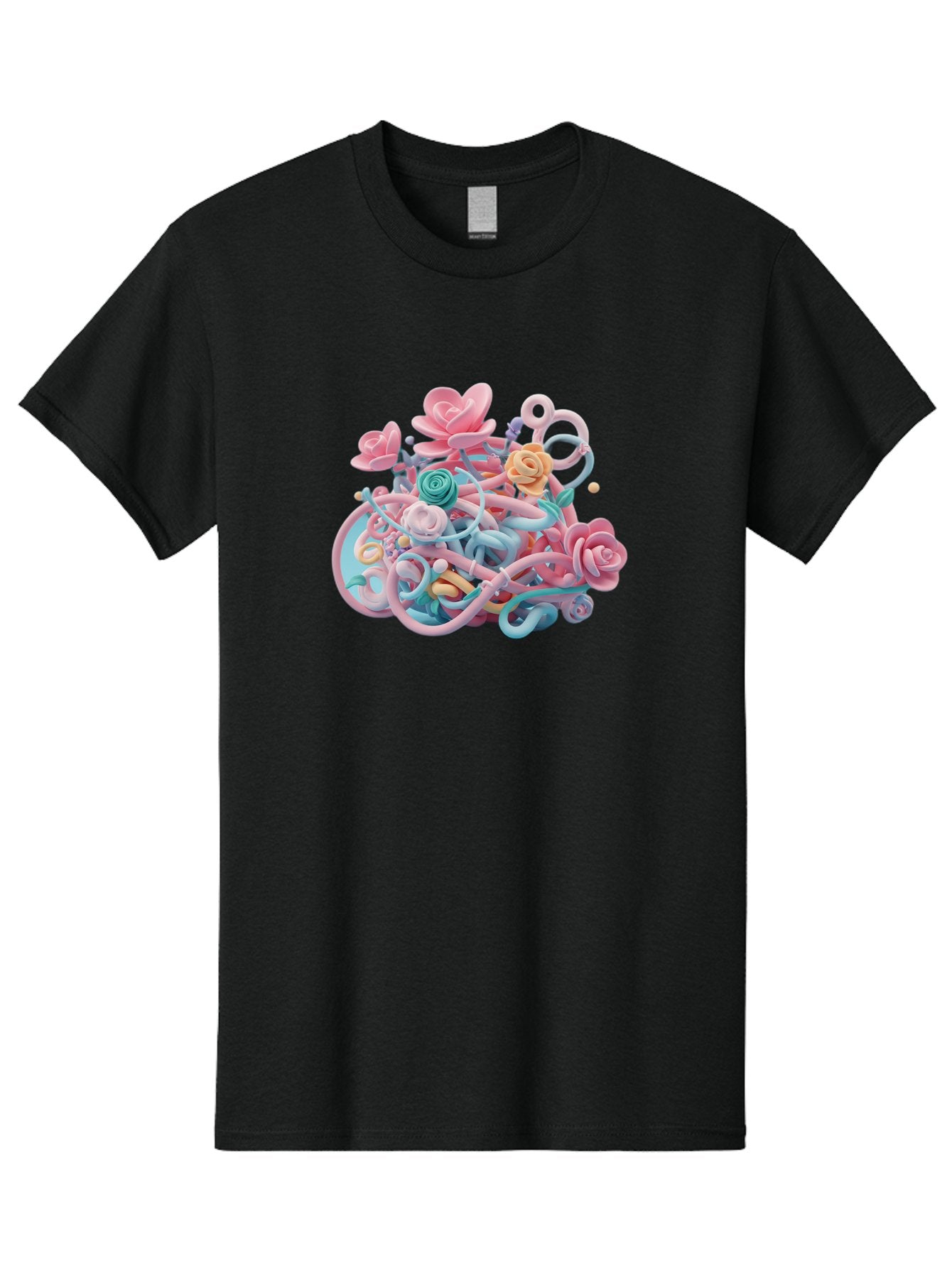 Tangled-Floral Men'S Graphic Tee, 100% Cotton, Comfortable Casual Summer Wear, Machine Washable, Pastel Flowers, Swirling Shapes, Floral Arrangement, Soft Colors, Whimsical Design, 3D Rendering, Abstract Floral, Colorful Blooms, Bab507 12