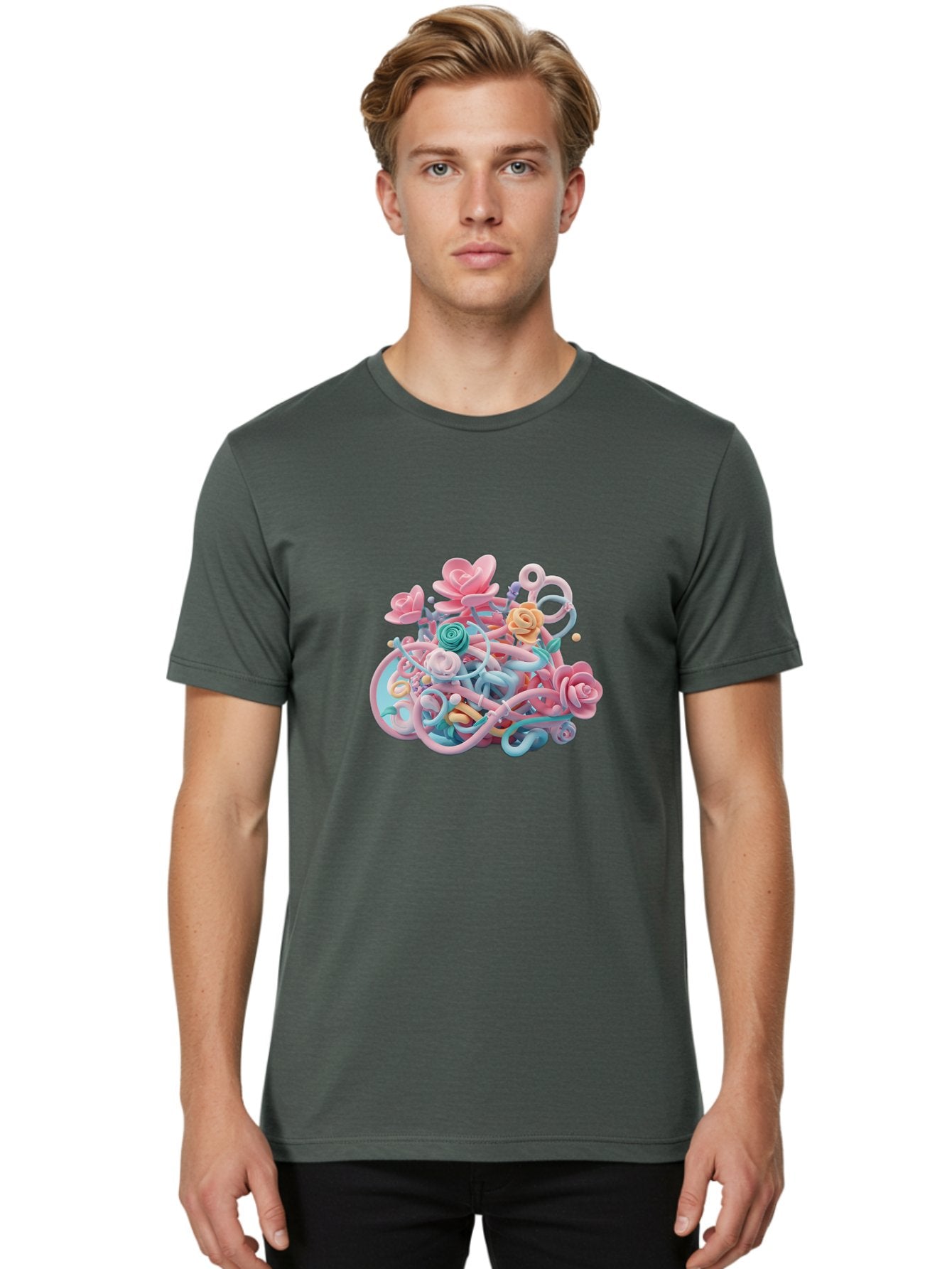 Tangled-Floral Men'S Graphic Tee, 100% Cotton, Comfortable Casual Summer Wear, Machine Washable, Pastel Flowers, Swirling Shapes, Floral Arrangement, Soft Colors, Whimsical Design, 3D Rendering, Abstract Floral, Colorful Blooms, Bab507 27