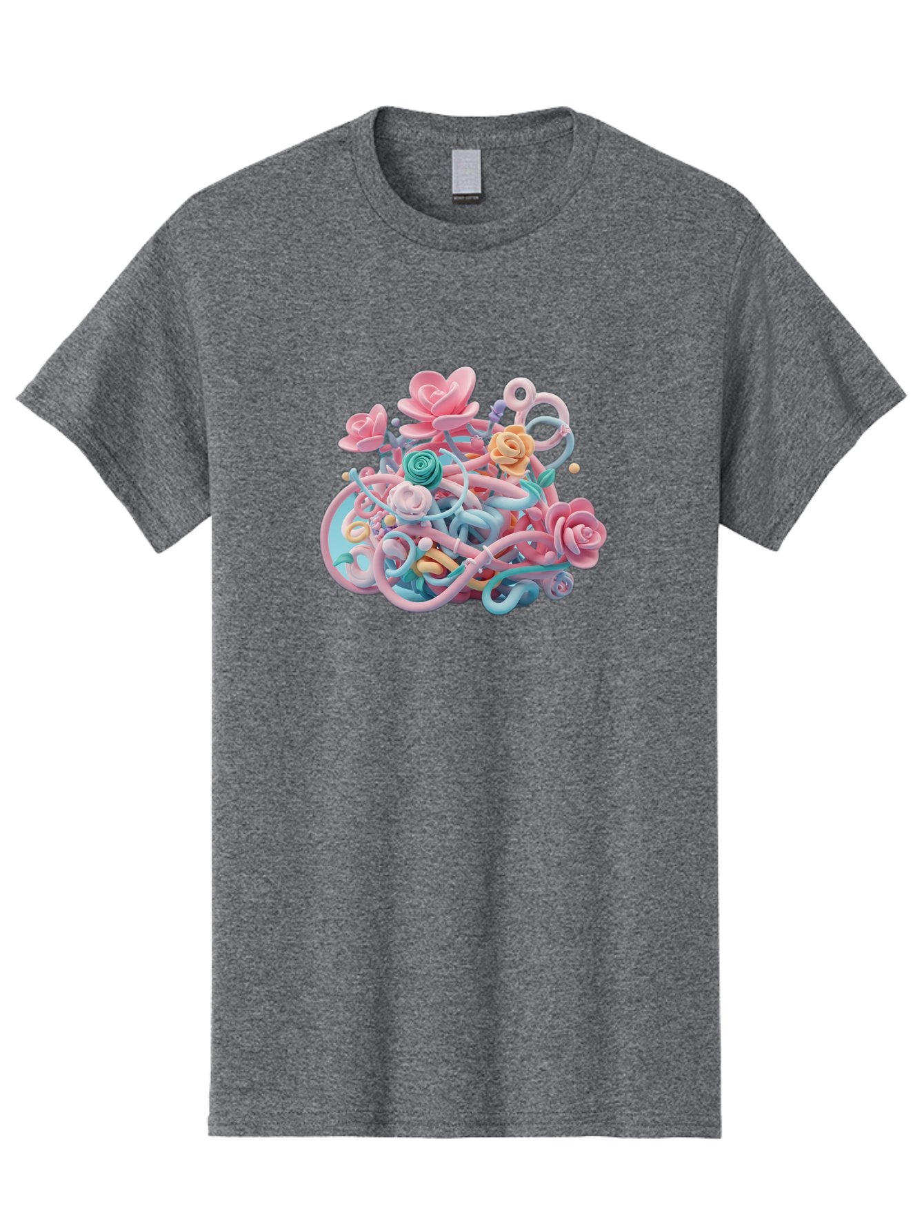 Tangled-Floral Men'S Graphic Tee, 100% Cotton, Comfortable Casual Summer Wear, Machine Washable, Pastel Flowers, Swirling Shapes, Floral Arrangement, Soft Colors, Whimsical Design, 3D Rendering, Abstract Floral, Colorful Blooms, Bab507 13