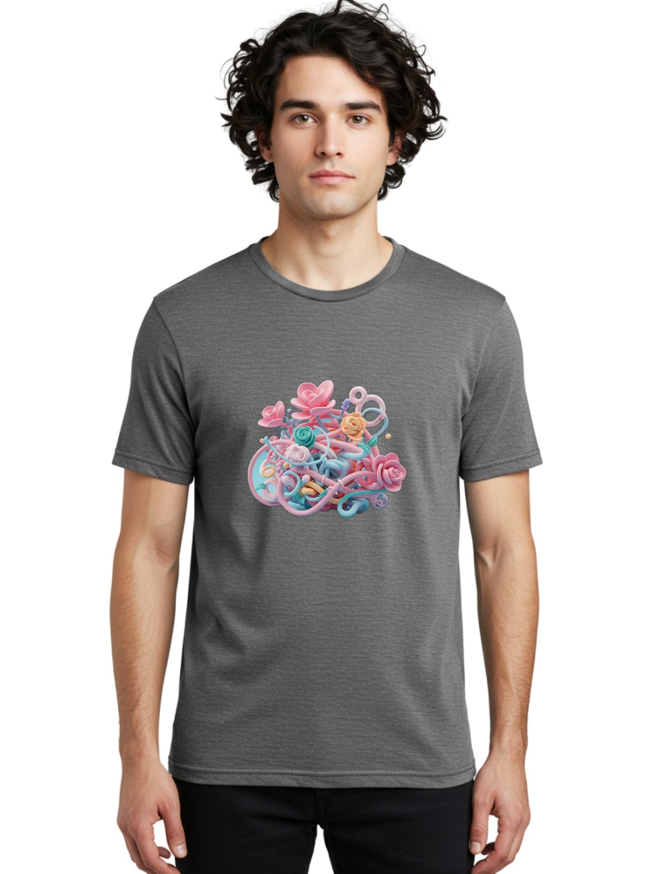 Tangled-Floral Men'S Graphic Tee, 100% Cotton, Comfortable Casual Summer Wear, Machine Washable, Pastel Flowers, Swirling Shapes, Floral Arrangement, Soft Colors, Whimsical Design, 3D Rendering, Abstract Floral, Colorful Blooms, Bab507 20