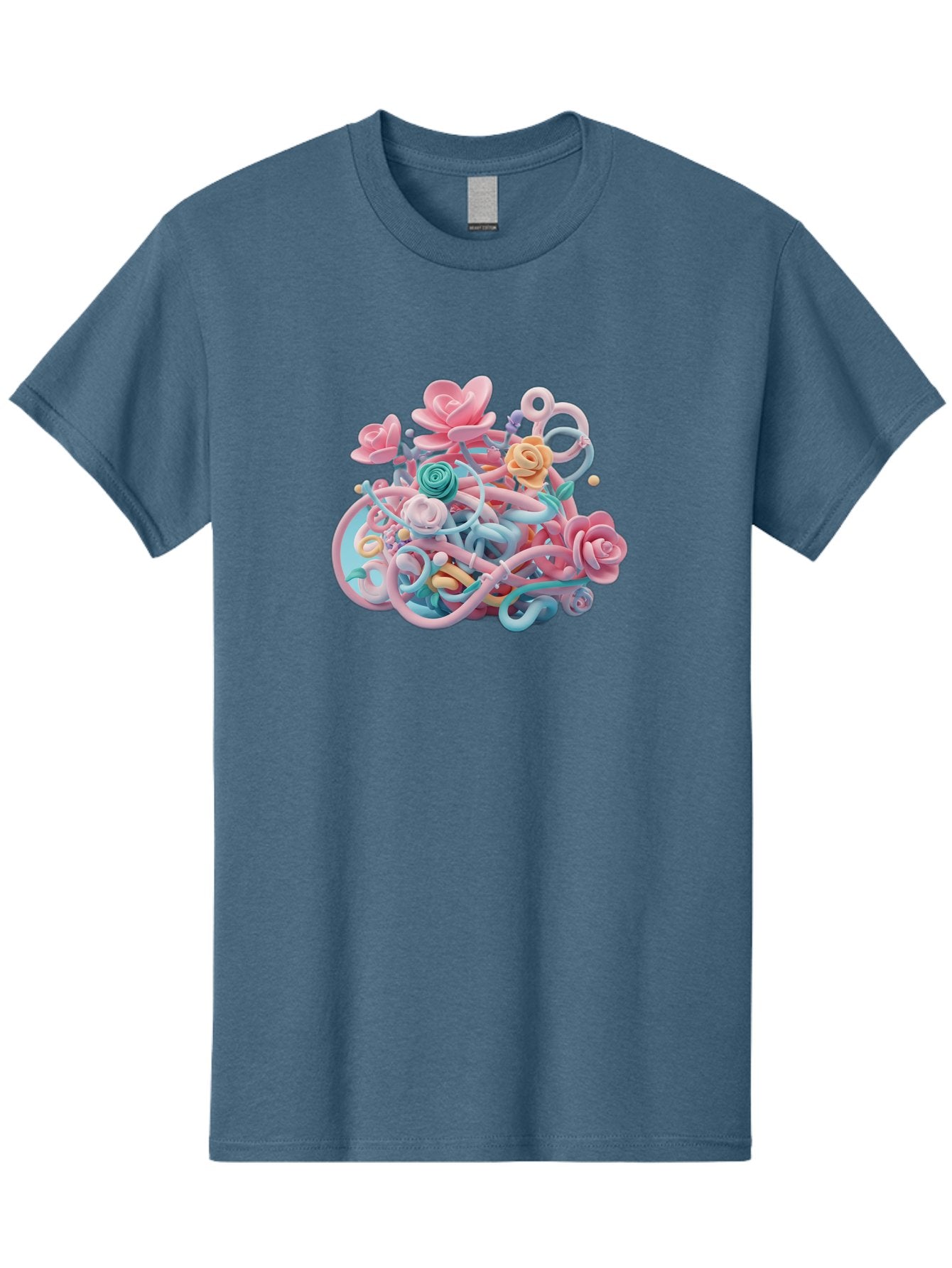 Tangled-Floral Men'S Graphic Tee, 100% Cotton, Comfortable Casual Summer Wear, Machine Washable, Pastel Flowers, Swirling Shapes, Floral Arrangement, Soft Colors, Whimsical Design, 3D Rendering, Abstract Floral, Colorful Blooms, Bab507