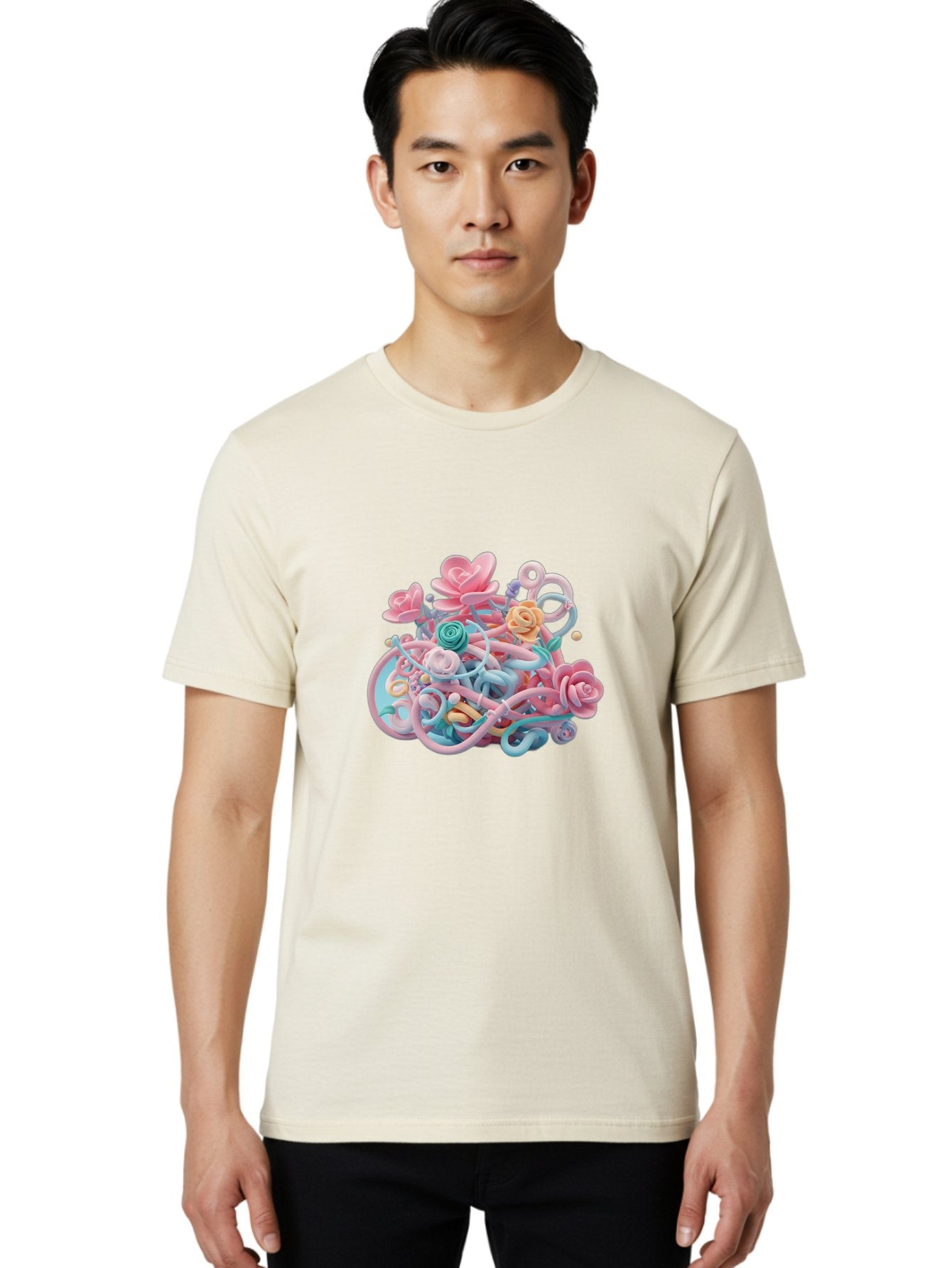 Tangled-Floral Men'S Graphic Tee, 100% Cotton, Comfortable Casual Summer Wear, Machine Washable, Pastel Flowers, Swirling Shapes, Floral Arrangement, Soft Colors, Whimsical Design, 3D Rendering, Abstract Floral, Colorful Blooms, Bab507 29