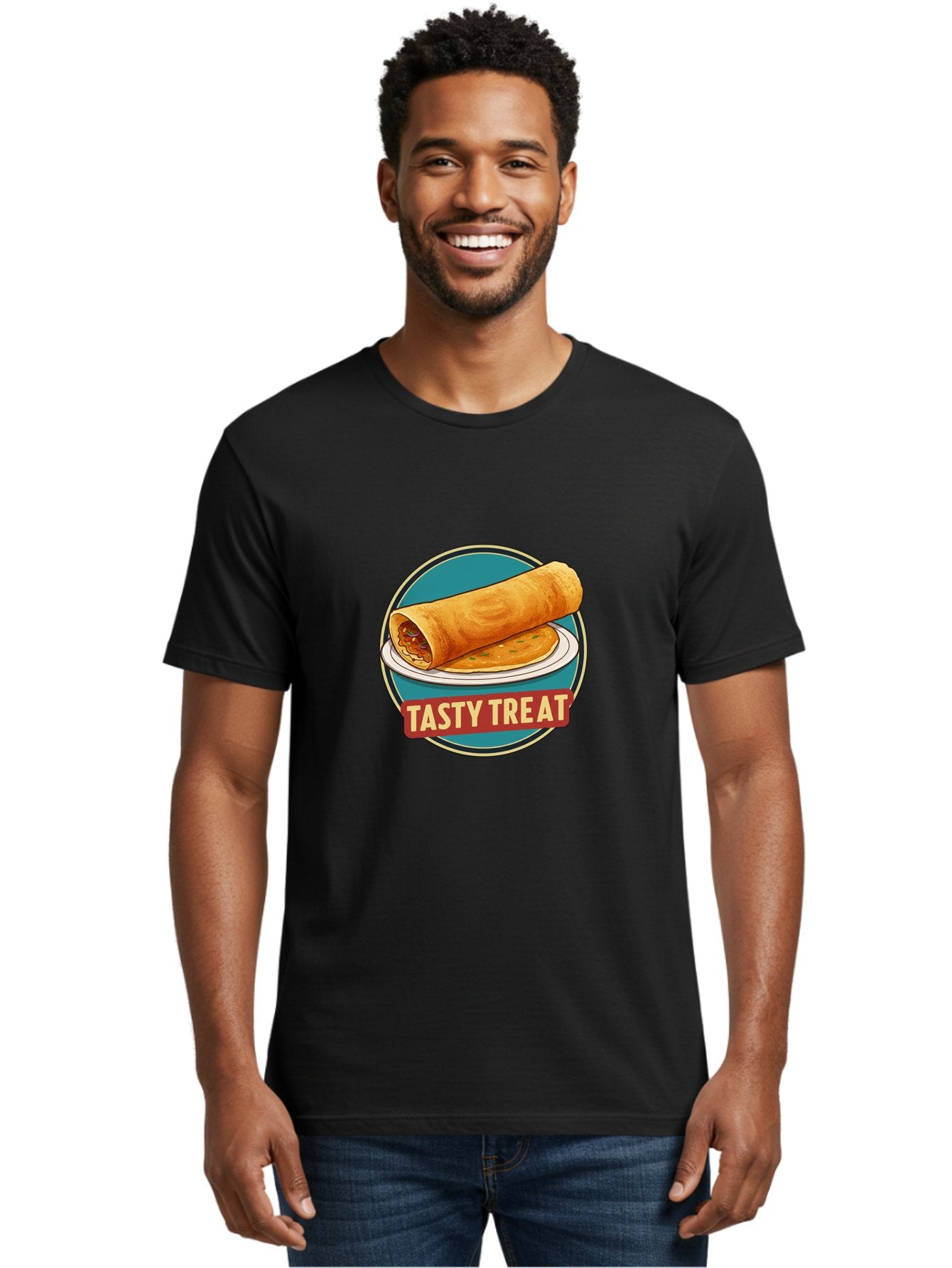 Tasty-Treat-11 Men'S Graphic Tee, 100% Cotton, Comfortable Casual Summer Wear, Machine Washable, Rolled Dosa, Savory Crepe, Indian Cuisine, South Asian Food, Tasty Treat, Dosa On A Plate, Delicious Meal, Spicy Filling Bab510 20