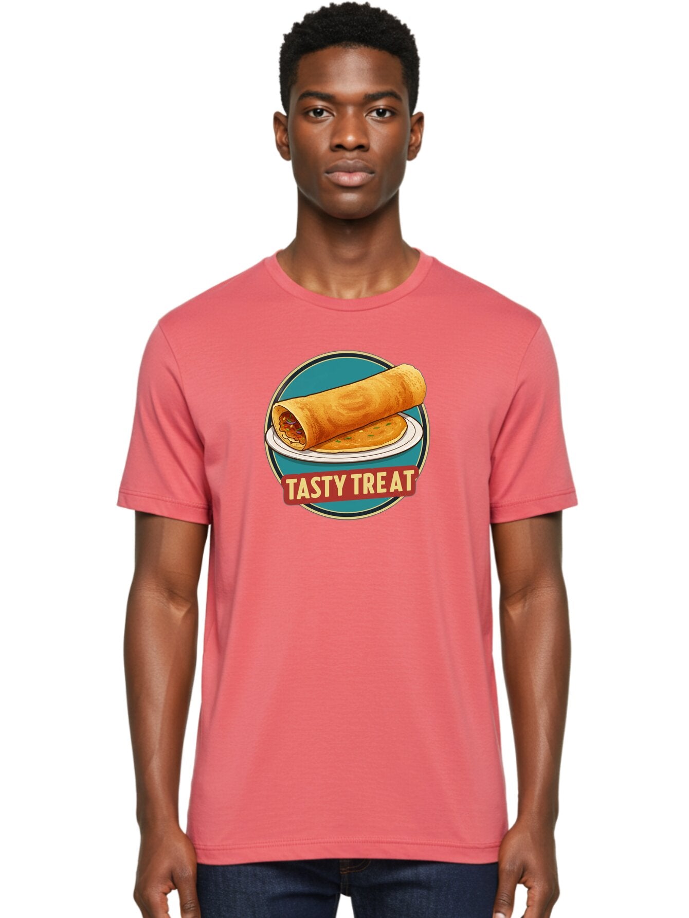 Tasty-Treat-11 Men'S Graphic Tee, 100% Cotton, Comfortable Casual Summer Wear, Machine Washable, Rolled Dosa, Savory Crepe, Indian Cuisine, South Asian Food, Tasty Treat, Dosa On A Plate, Delicious Meal, Spicy Filling Bab510 29