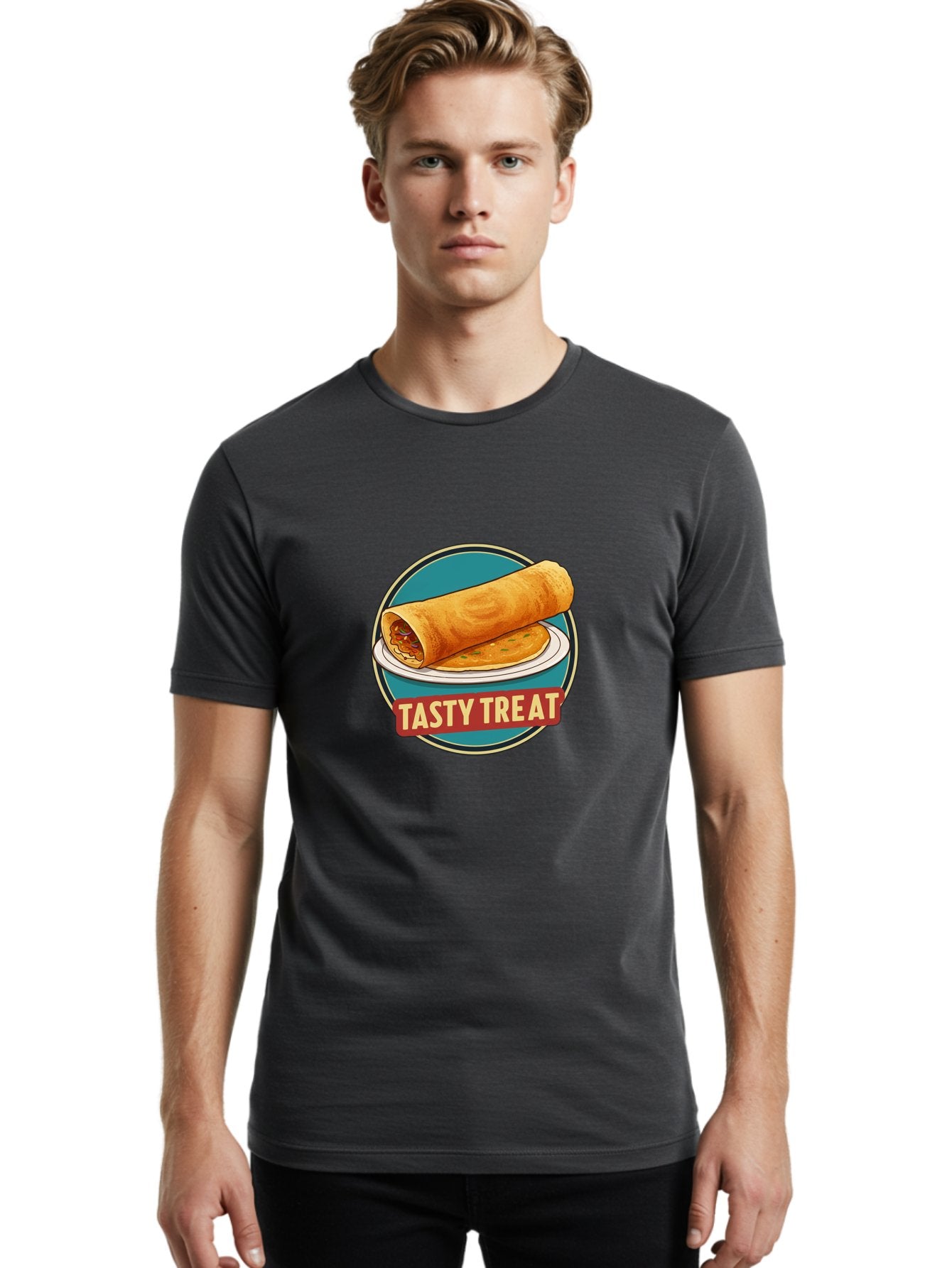 Tasty-Treat-11 Men'S Graphic Tee, 100% Cotton, Comfortable Casual Summer Wear, Machine Washable, Rolled Dosa, Savory Crepe, Indian Cuisine, South Asian Food, Tasty Treat, Dosa On A Plate, Delicious Meal, Spicy Filling Bab510 23