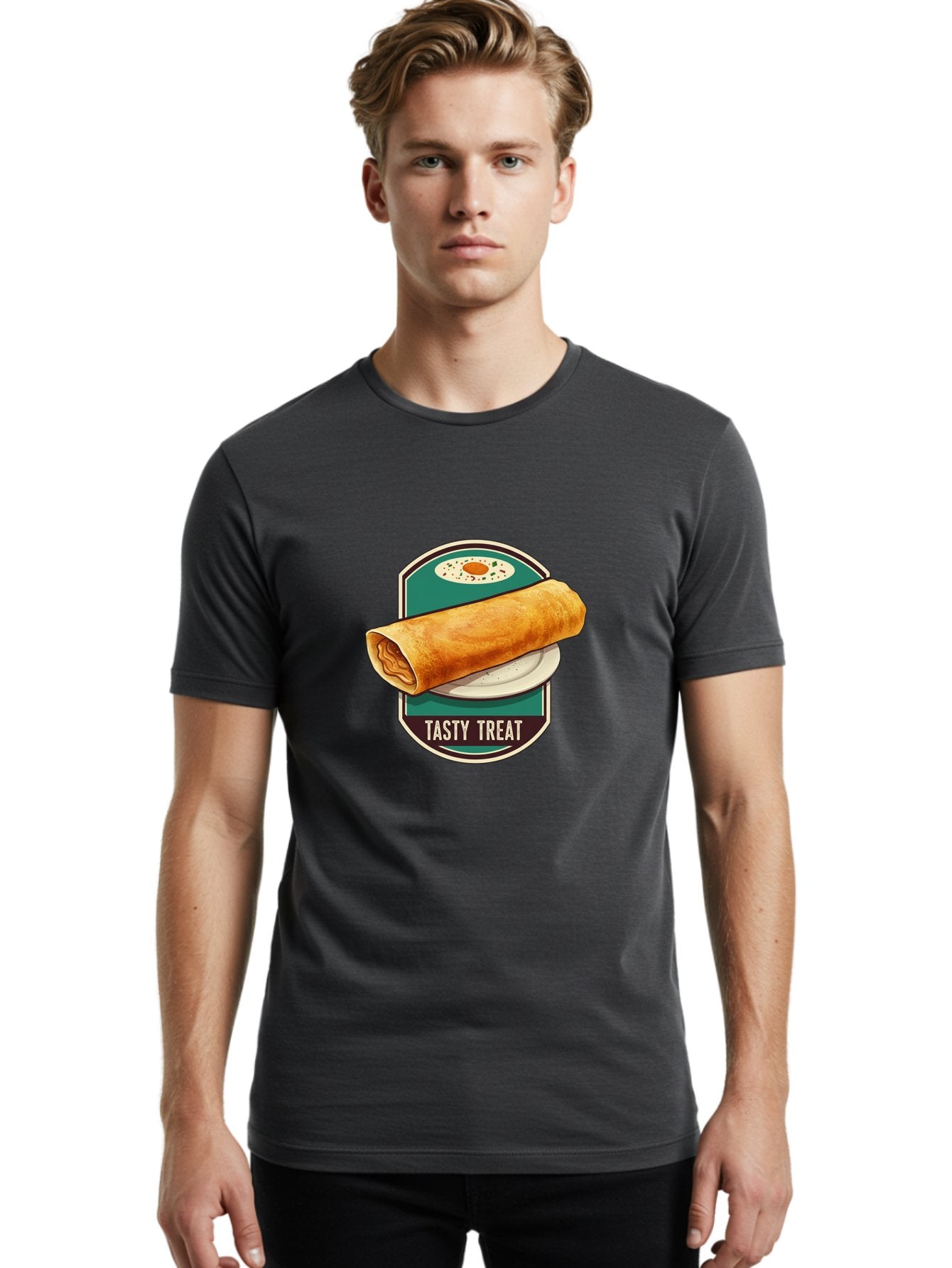 Tasty-Treat-6 Men'S Graphic Tee, 100% Cotton, Comfortable Casual Summer Wear, Machine Washable, Rolled Dosa, Indian Cuisine, Tasty Treat, Dosa On A Plate, South Indian Food, Traditional Dish, Savory Crepe, Street Food, Authentic Flavors, Bab515 26