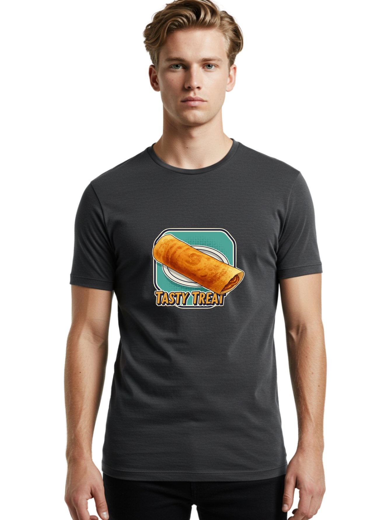 Tasty-Treat-9 Men'S Graphic Tee, 100% Cotton, Comfortable Casual Summer Wear, Machine Washable, Tasty Treat, Crepe On A Plate, Delicious Food, Savory Filling, Finger Food, Crepe, Rolled Pancake, Gourmet Snack Bab518 21
