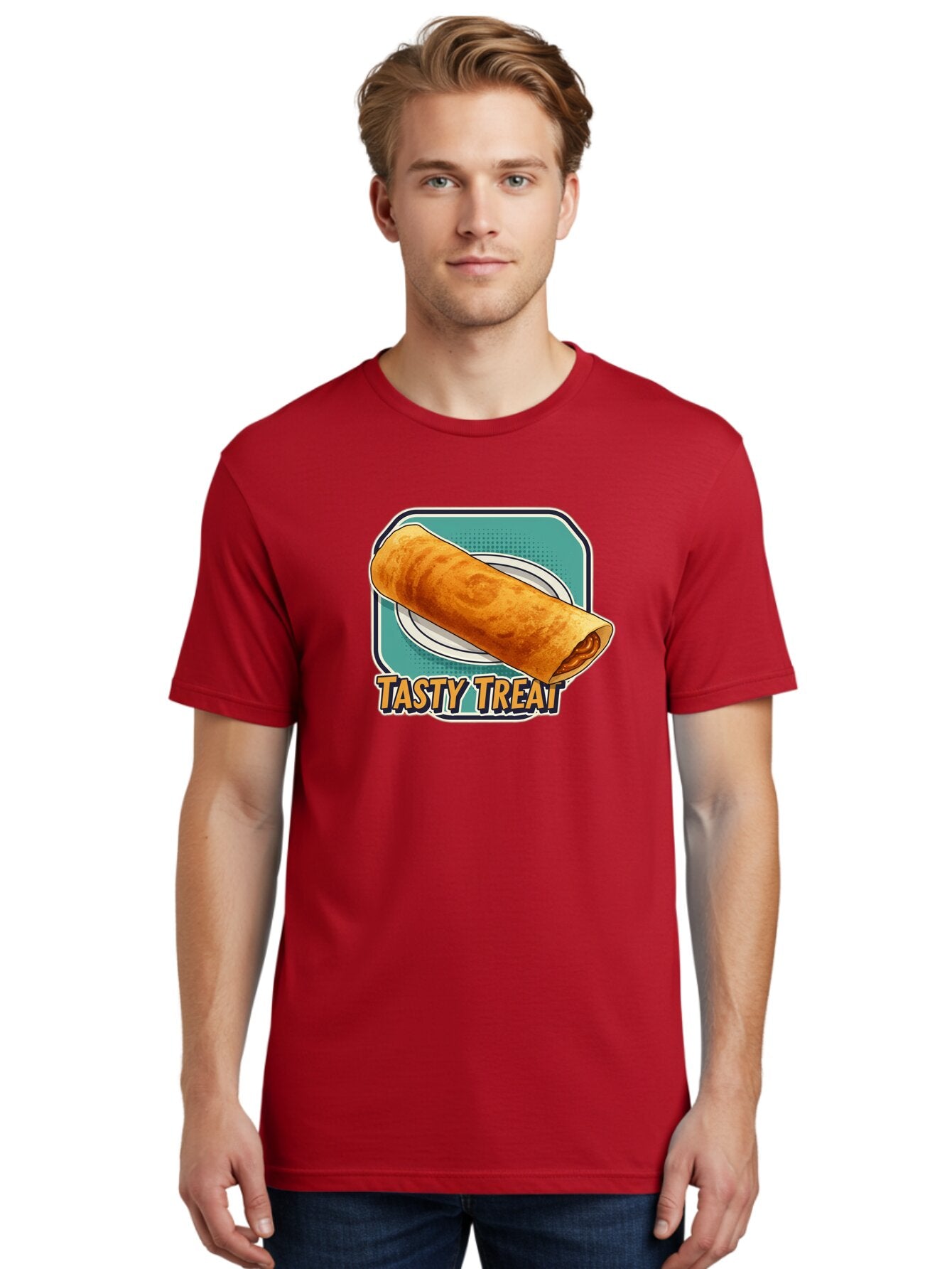 Tasty-Treat-9 Men'S Graphic Tee, 100% Cotton, Comfortable Casual Summer Wear, Machine Washable, Tasty Treat, Crepe On A Plate, Delicious Food, Savory Filling, Finger Food, Crepe, Rolled Pancake, Gourmet Snack Bab518 25