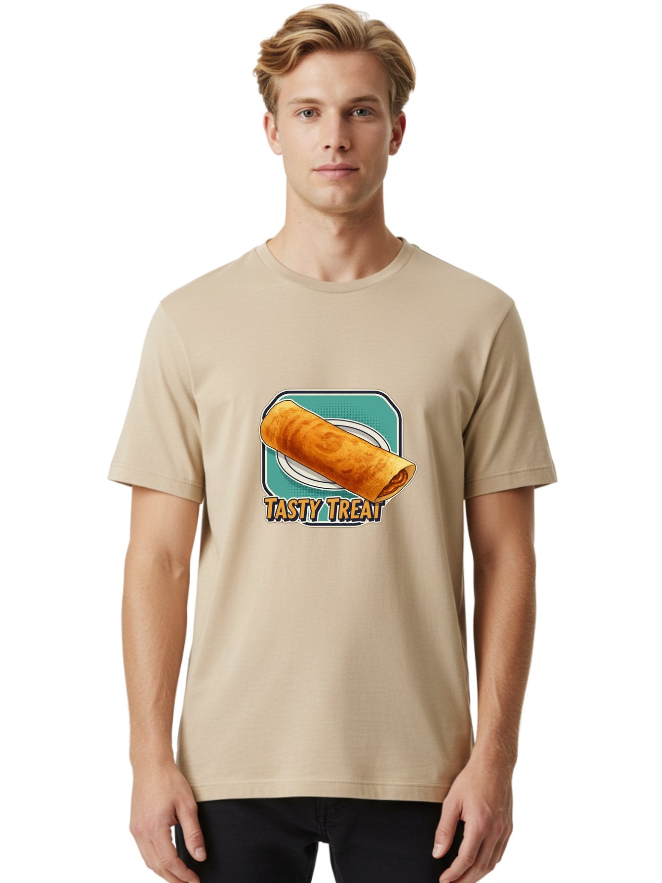 Tasty-Treat-9 Men'S Graphic Tee, 100% Cotton, Comfortable Casual Summer Wear, Machine Washable, Tasty Treat, Crepe On A Plate, Delicious Food, Savory Filling, Finger Food, Crepe, Rolled Pancake, Gourmet Snack Bab518 19