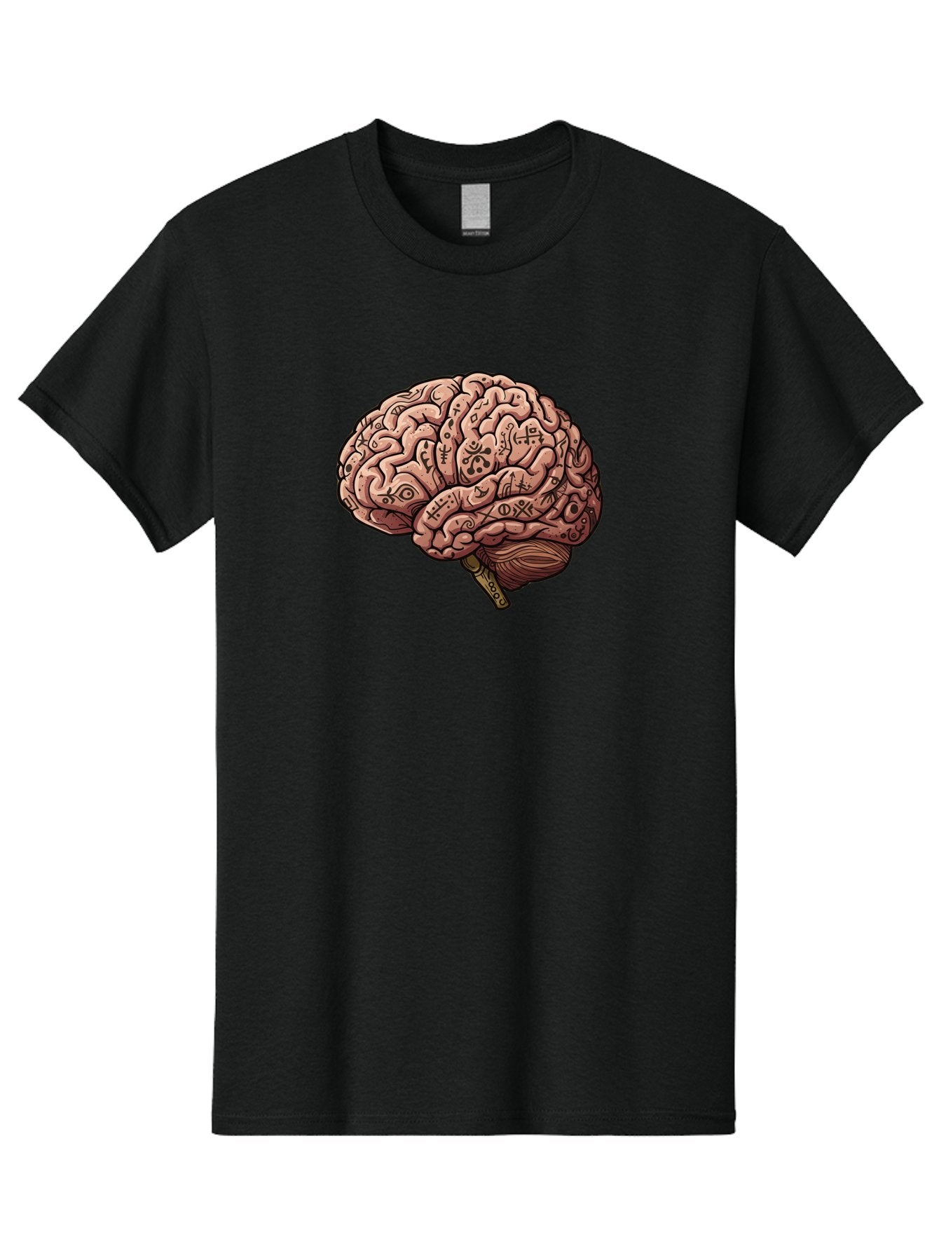 Tattooed-Brain Men'S Graphic Tee, 100% Cotton, Comfortable Casual Summer Wear, Machine Washable, Human Brain With Tattoos, Occult Symbols, Mystical Designs, Psychedelic Art, Surreal Illustration, Esoteric Patterns, Symbolic Imagery, Bab520 15