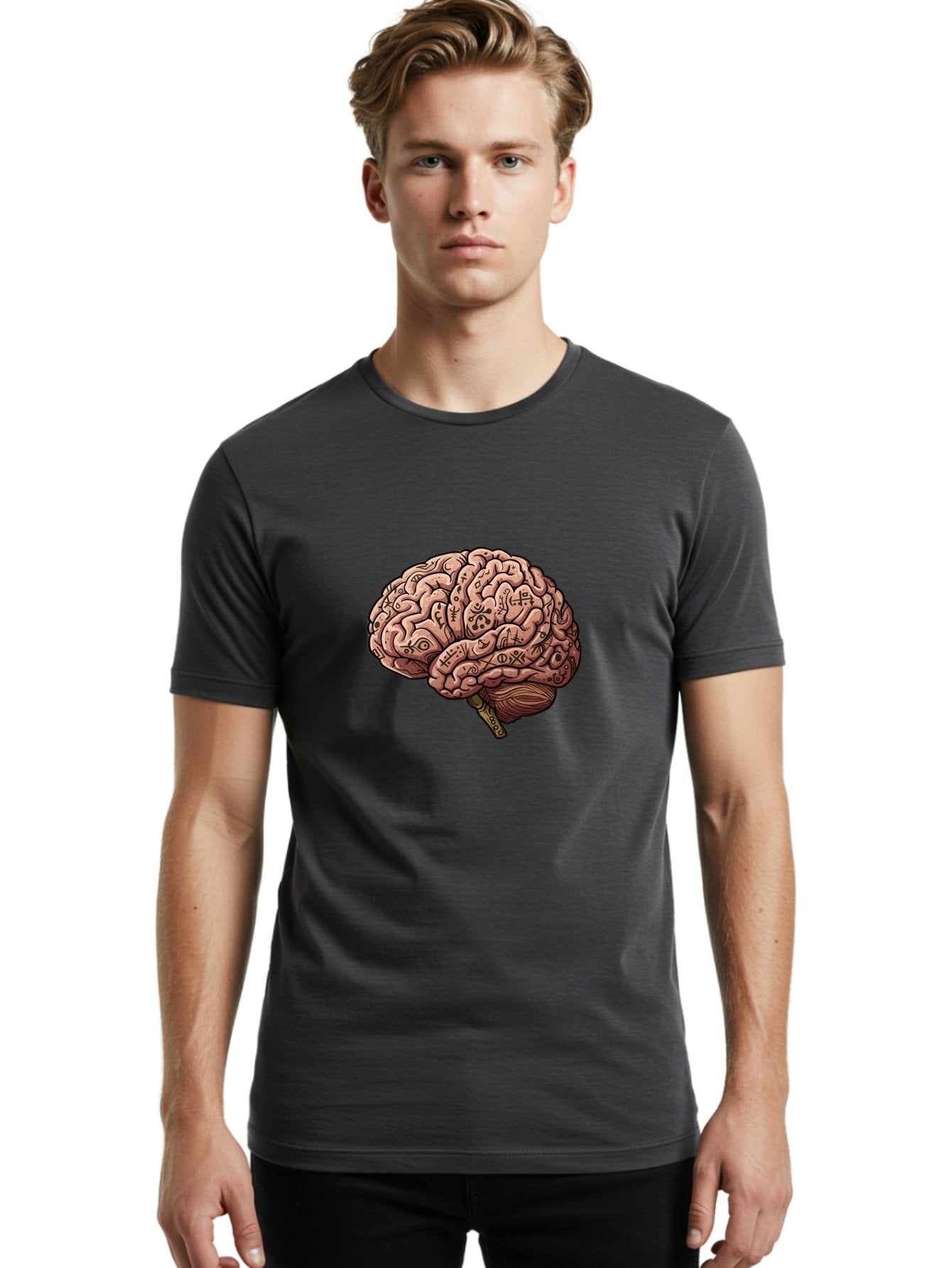 Tattooed-Brain Men'S Graphic Tee, 100% Cotton, Comfortable Casual Summer Wear, Machine Washable, Human Brain With Tattoos, Occult Symbols, Mystical Designs, Psychedelic Art, Surreal Illustration, Esoteric Patterns, Symbolic Imagery, Bab520 23