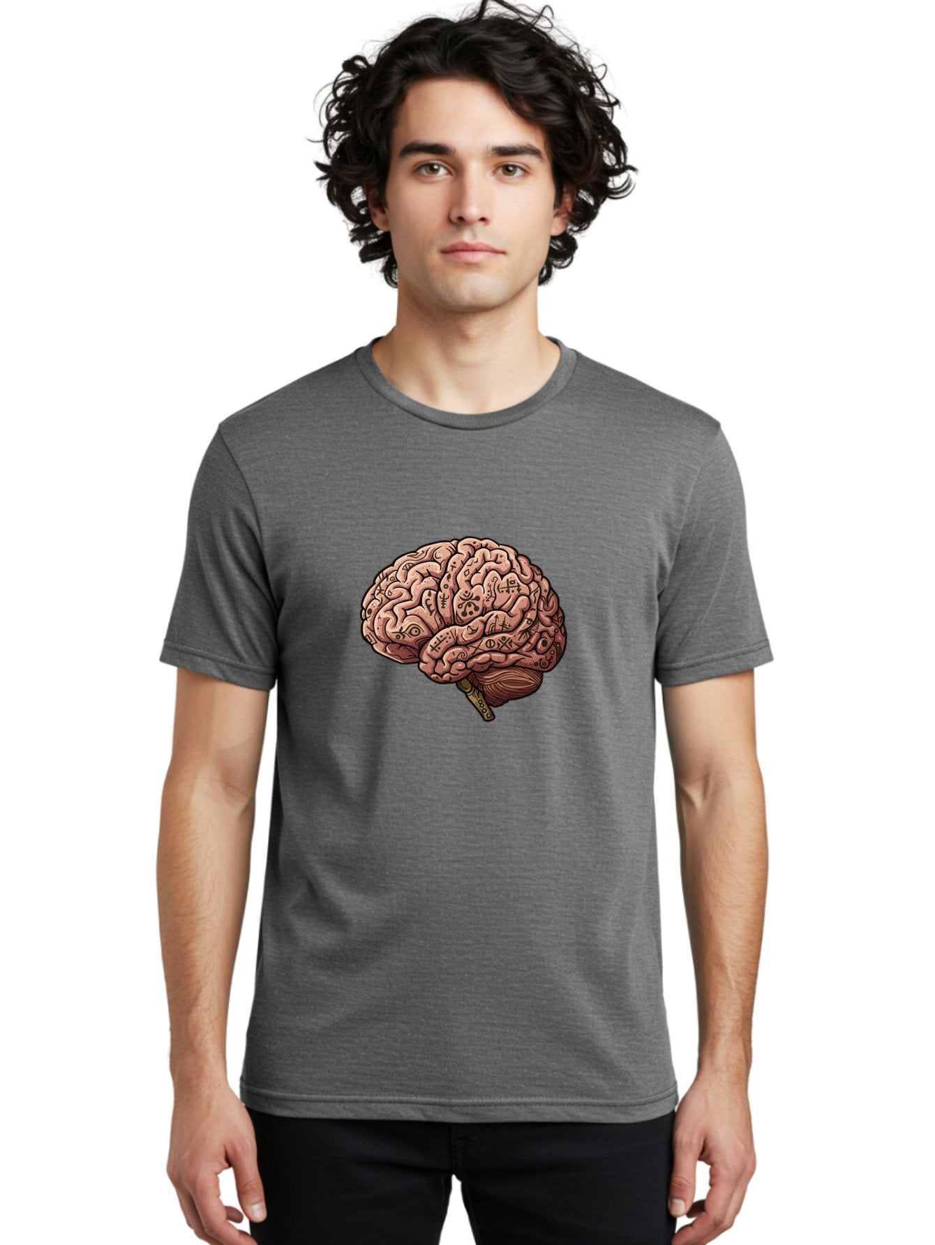 Tattooed-Brain Men'S Graphic Tee, 100% Cotton, Comfortable Casual Summer Wear, Machine Washable, Human Brain With Tattoos, Occult Symbols, Mystical Designs, Psychedelic Art, Surreal Illustration, Esoteric Patterns, Symbolic Imagery, Bab520 28