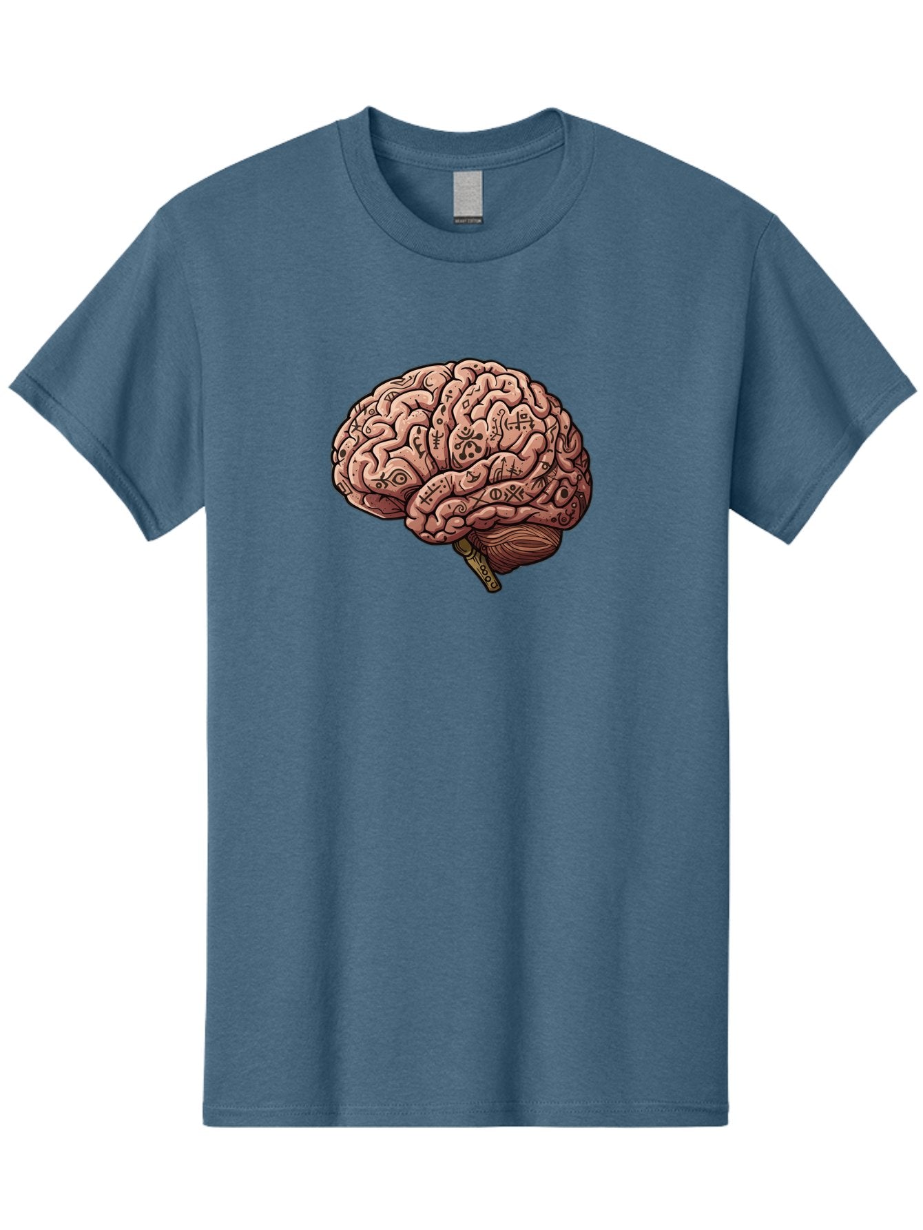 Tattooed-Brain Men'S Graphic Tee, 100% Cotton, Comfortable Casual Summer Wear, Machine Washable, Human Brain With Tattoos, Occult Symbols, Mystical Designs, Psychedelic Art, Surreal Illustration, Esoteric Patterns, Symbolic Imagery, Bab520 8