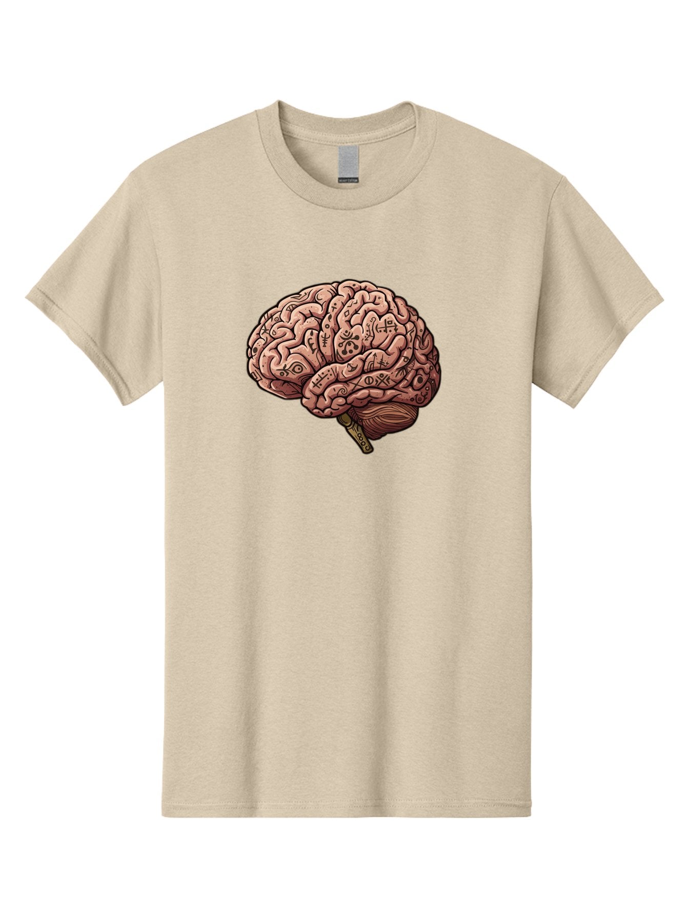 Tattooed-Brain Men'S Graphic Tee, 100% Cotton, Comfortable Casual Summer Wear, Machine Washable, Human Brain With Tattoos, Occult Symbols, Mystical Designs, Psychedelic Art, Surreal Illustration, Esoteric Patterns, Symbolic Imagery, Bab520