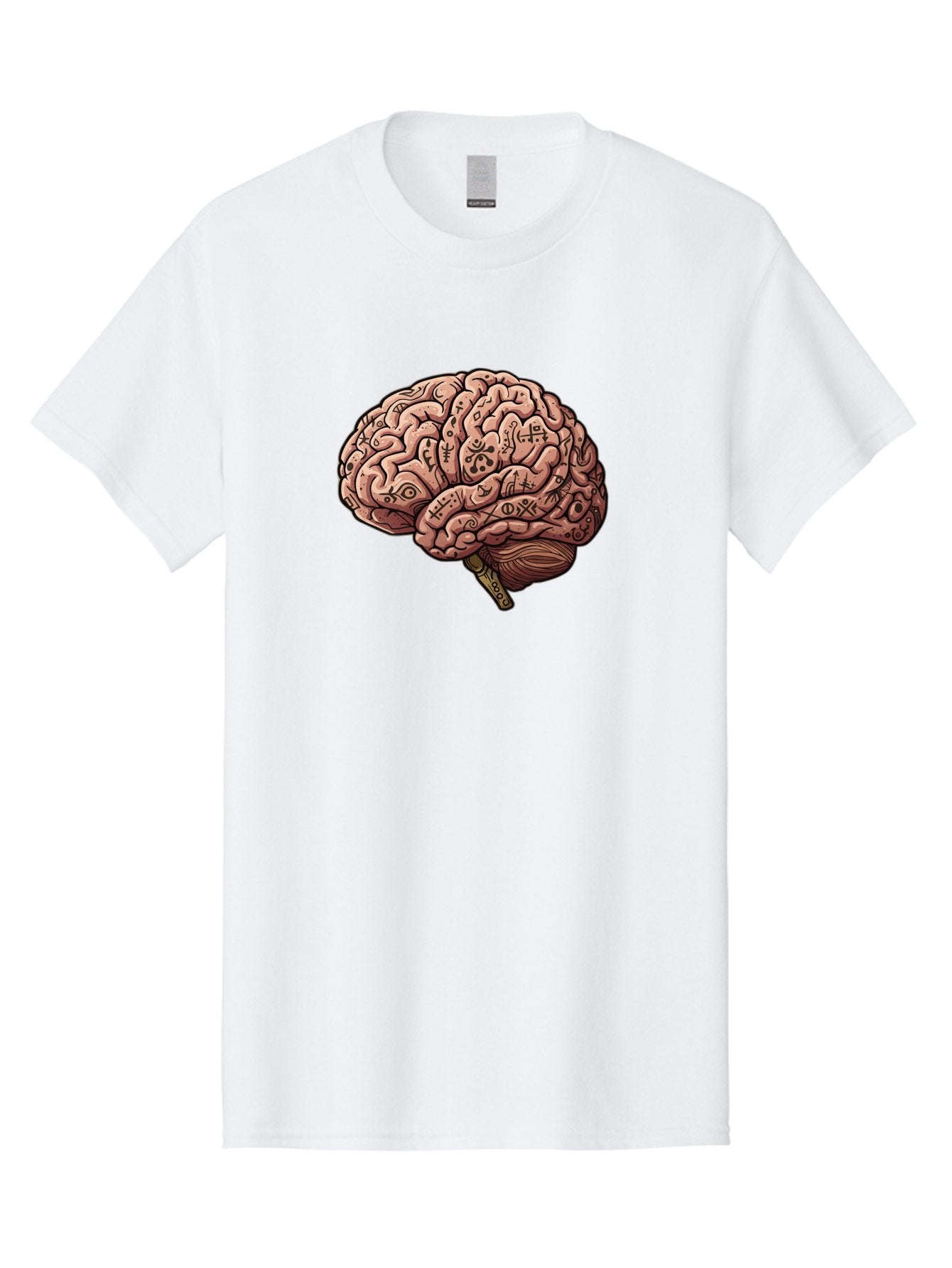 Tattooed-Brain Men'S Graphic Tee, 100% Cotton, Comfortable Casual Summer Wear, Machine Washable, Human Brain With Tattoos, Occult Symbols, Mystical Designs, Psychedelic Art, Surreal Illustration, Esoteric Patterns, Symbolic Imagery, Bab520 10