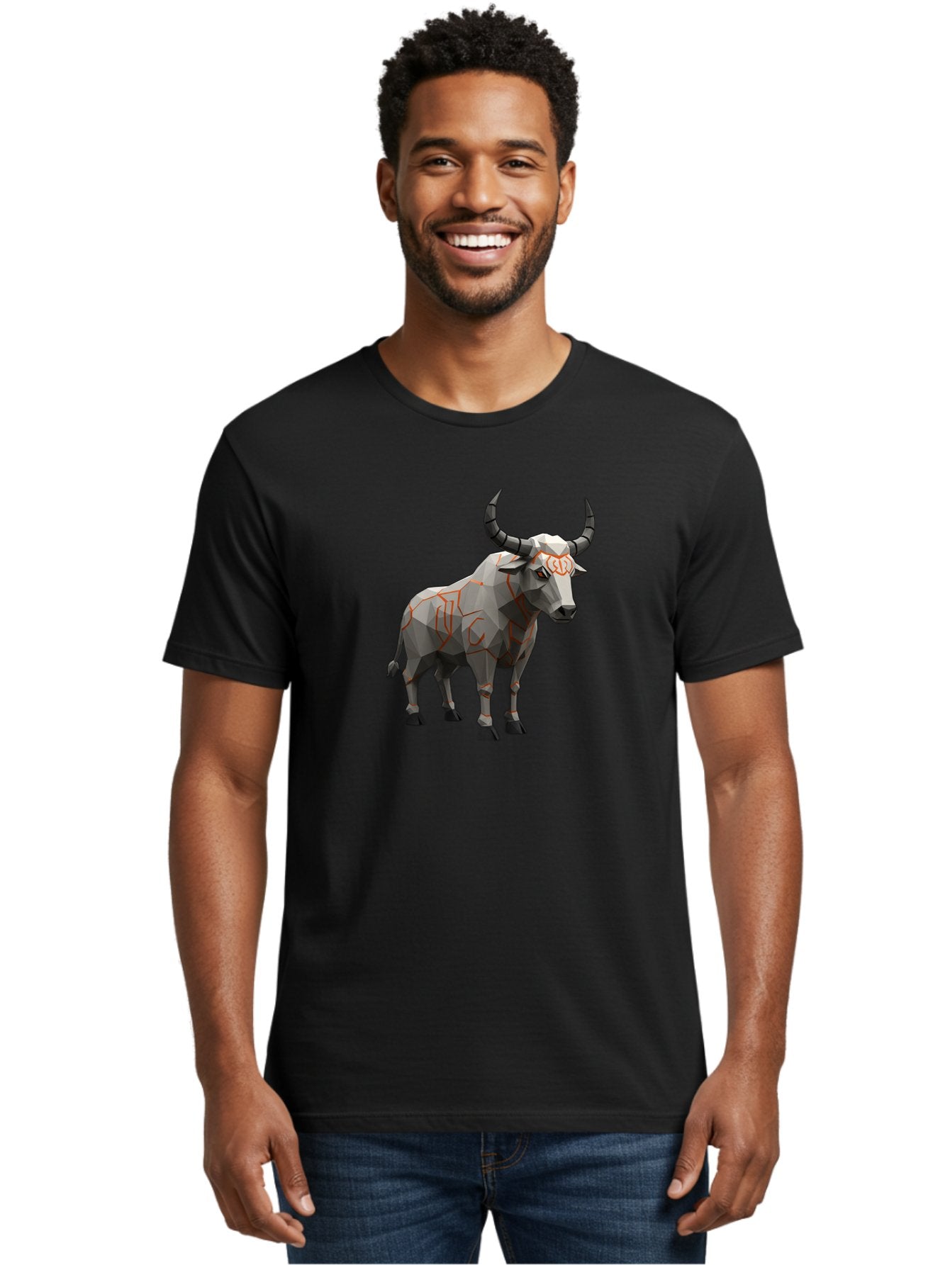 Taurus Men'S Graphic Tee, 100% Cotton, Comfortable Casual Summer Wear, Machine Washable, Low Poly Art, Geometric Bull, Abstract Animal Design, Modern Illustration, Gray And Orange Colors, 3D Style, Futuristic Artwork, Taurus Symbol Bab521 25