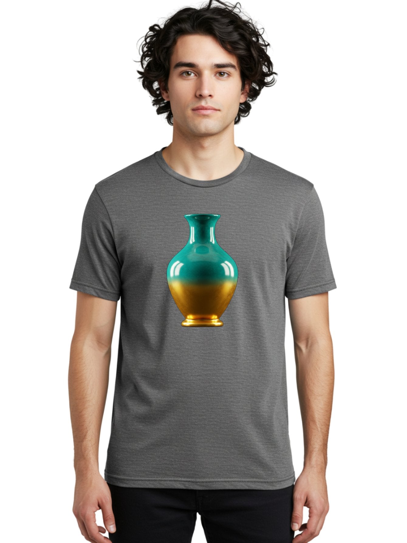 Teal-Gold-Vase Men'S Graphic Tee, 100% Cotton, Comfortable Casual Summer Wear, Machine Washable, Ceramic Vase, Teal And Gold Vase, Glossy Finish, Gradient Colors, Decorative Vase, Home Decor, Elegant Design, Modern Pottery, Bab522 30