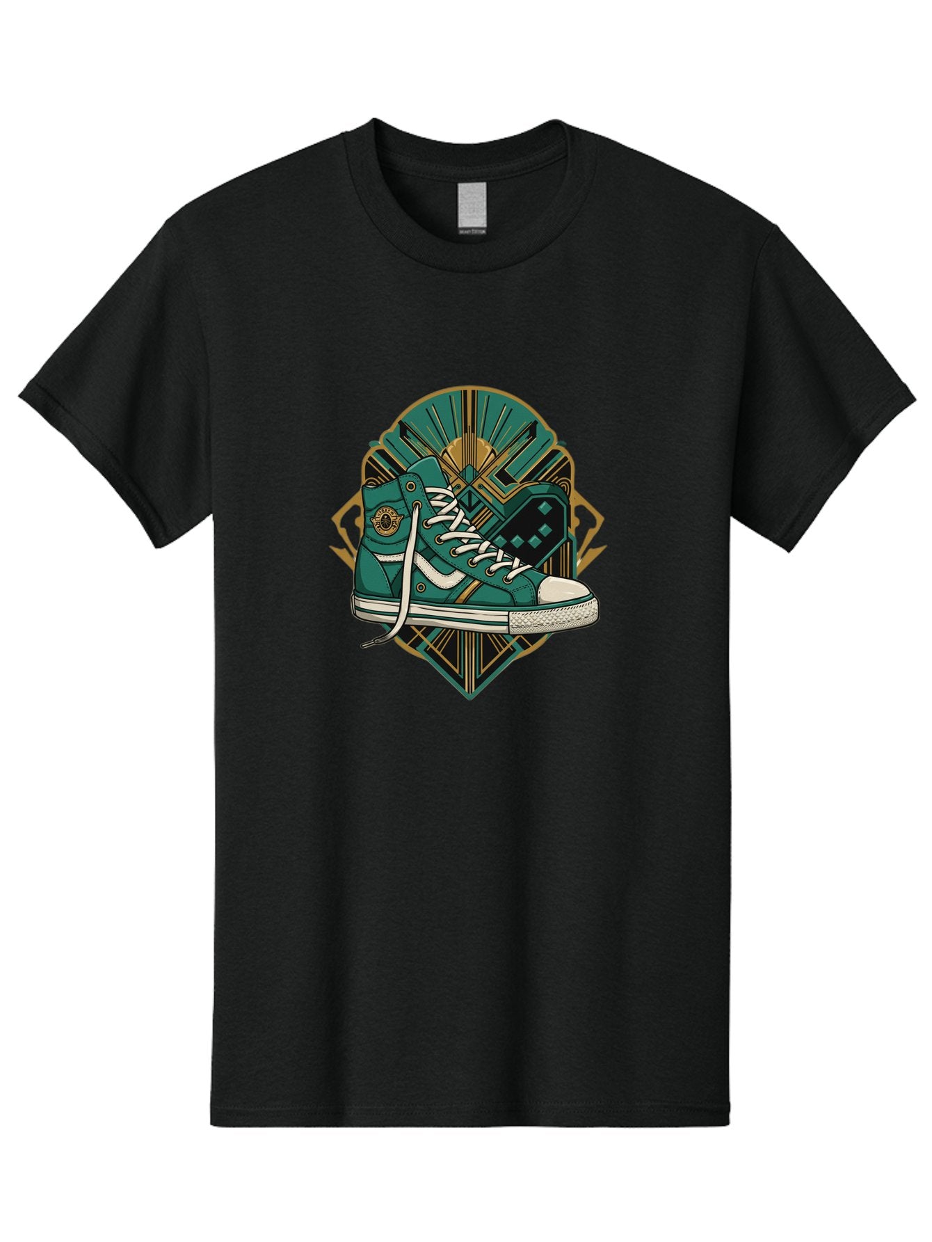 Teal-Sneakers Men'S Graphic Tee, 100% Cotton, Comfortable Casual Summer Wear, Machine Washable, Teal Sneakers, Art Deco Design, Gold Accents, White Laces, Stylish Footwear, Vintage Fashion, Retro Style, Classic Kicks, Fashion Statement Bab523 7